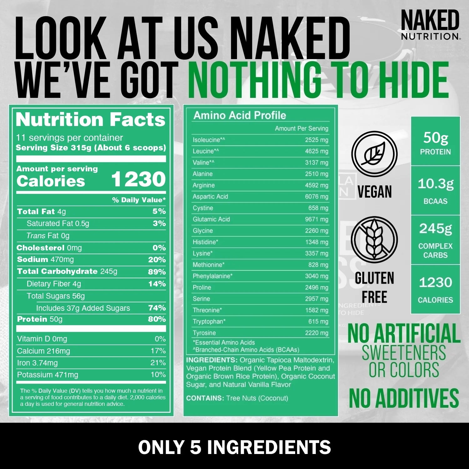 NAKED Mass - Vanilla Vegan Weight Gainer - 8Lb Bulk, GMO Free, Gluten Free, Soy Free & Dairy Free. No Artificial Ingredients - 1,230 Calories - 11 Servings