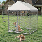 4×5.4FT Outdoor Dog Kennel, Square Dog Crates Fence with Dual-Section Doors, Weather-Resistant Roof Cover, Mesh Design for Dogs of Various Sizes, Silver
