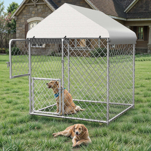4×5.4FT Outdoor Dog Kennel, Square Dog Crates Fence with Dual-Section Doors, Weather-Resistant Roof Cover, Mesh Design for Dogs of Various Sizes, Silver