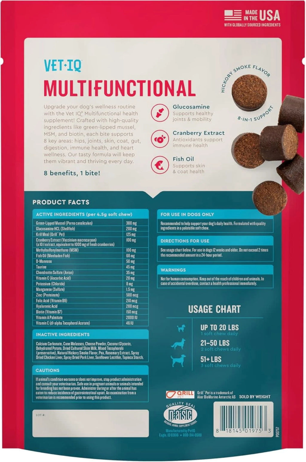 Vetiq 8-In-One Multifunctional Supplements for Dogs, Supports Hip & Joint, Urinary Tract, Immune System, Skin Health and Heart Health, Soft Chews, 60 Count