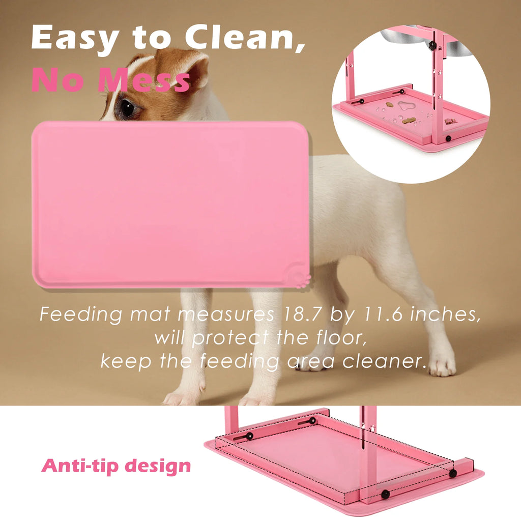 Pink Raised Dog Bowl Stand with Two 1700Ml Stainless Steel Food Bowl, a Slow Dog Bowls and Mat, , Height Adjustable from 4.5In to 12In