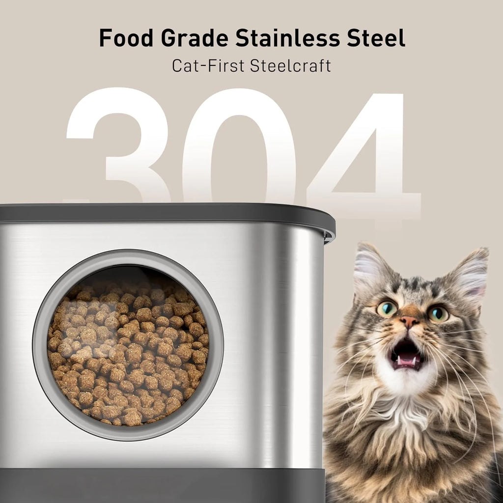 5L/20 Cups Large Capacity Automatic Cat Feeder for 2 Cats, with Timer and Voice Function, Cats Dry Food Dispenser with 2 Stainless Steel Bowl for Pets - Black