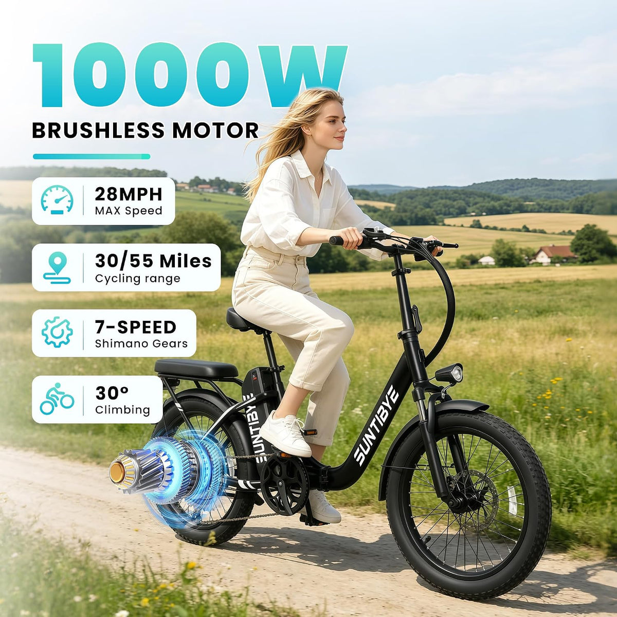 SUNTUBYE SE1 Foldable Electric Bike for Adults, 1500W Peak Motor, 48V 15Ah Battery, 20"X3" Fat Tire, 28Mph 55Miles Folding E Bike Suitable for Commuter