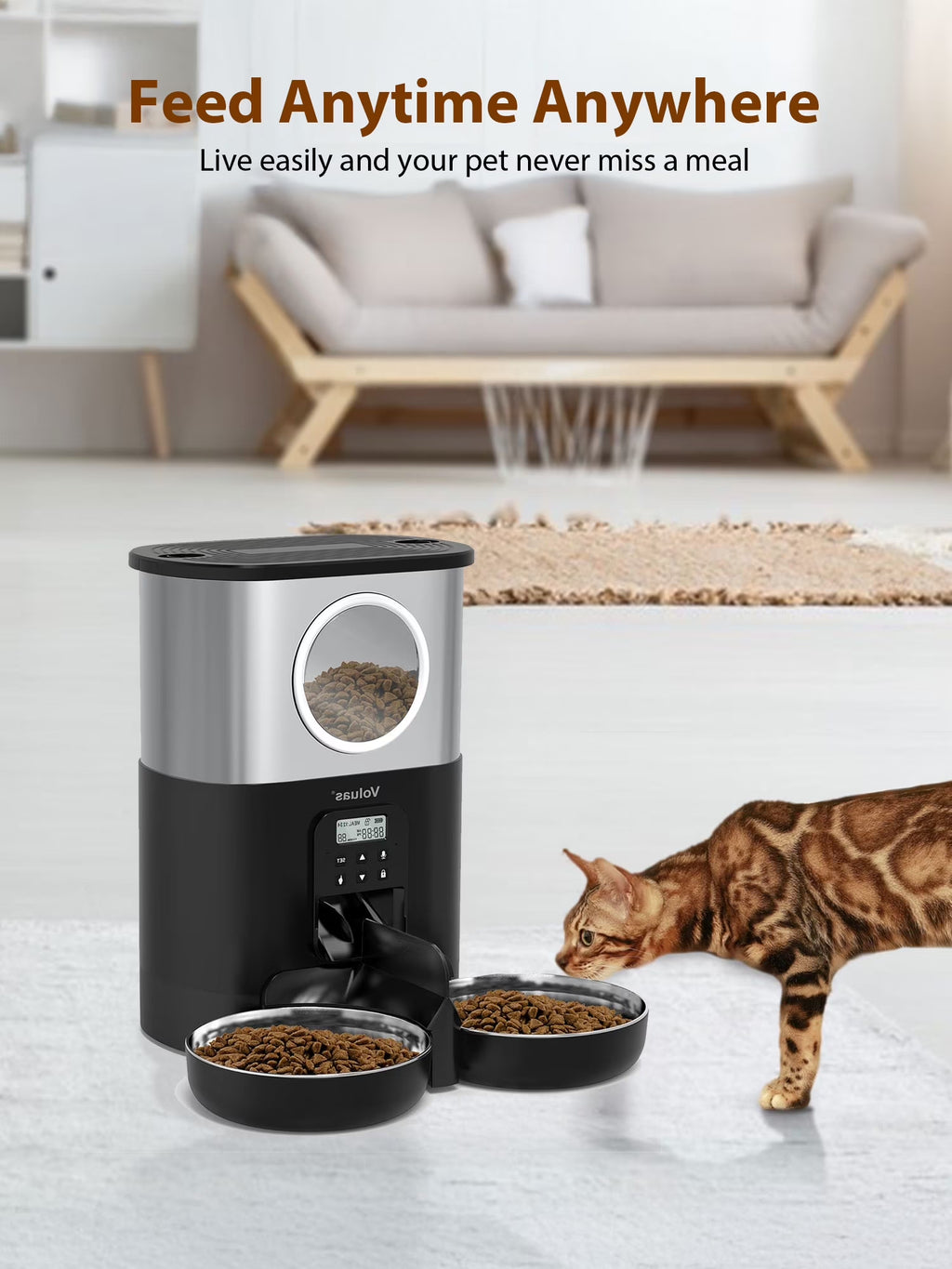 5L/20 Cups Large Capacity Automatic Cat Feeder for 2 Cats, with Timer and Voice Function, Cats Dry Food Dispenser with 2 Stainless Steel Bowl for Pets - Black