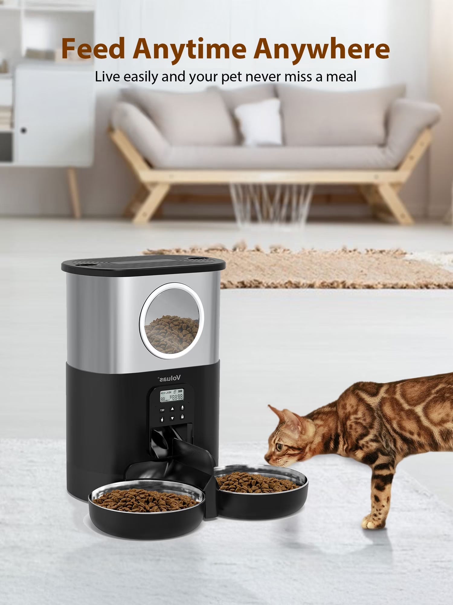 5L/20 Cups Large Capacity Automatic Cat Feeder for 2 Cats, with Timer and Voice Function, Cats Dry Food Dispenser with 2 Stainless Steel Bowl for Pets - Black