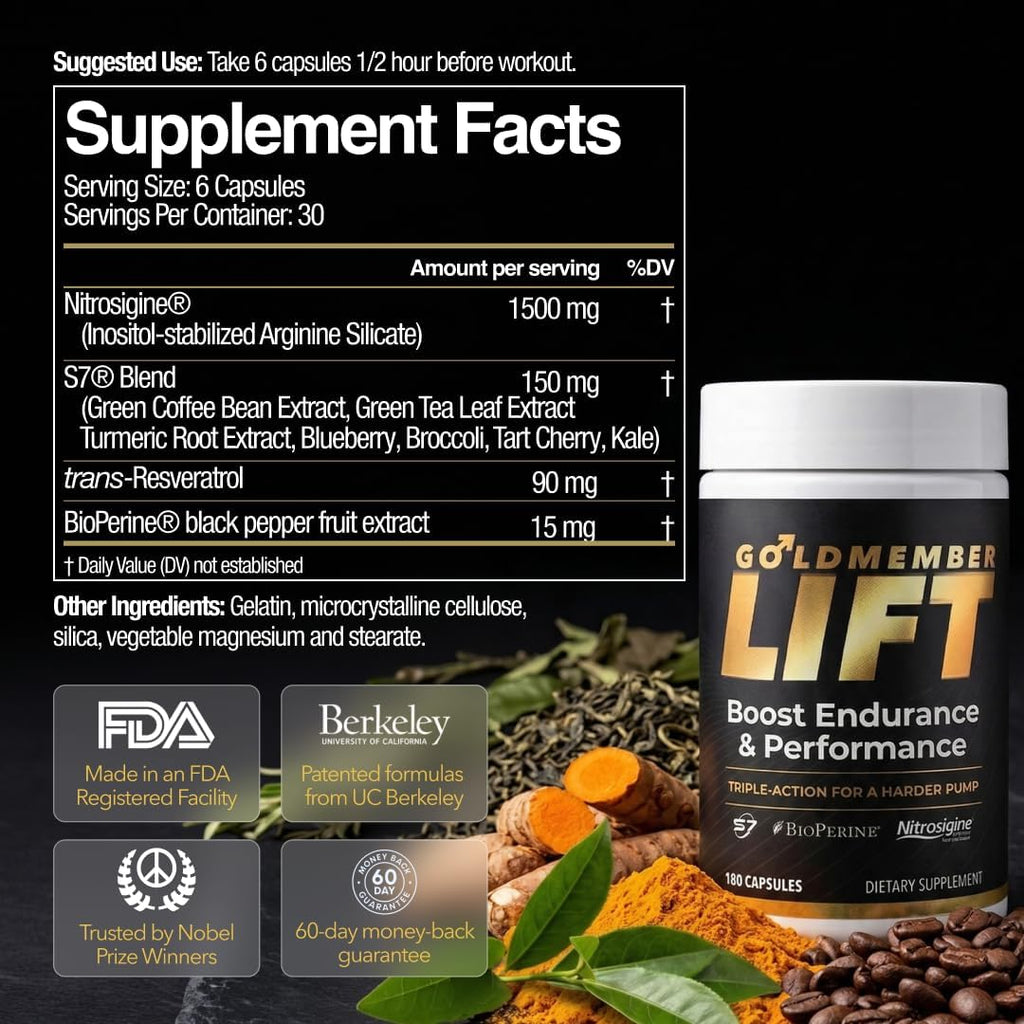 Goldmember Lift – Natural Male Blood Flow Supplement - Sexual Enhancement, Size, Stamina & Performance with Nitrosigine, Trans-Resveratrol, S7 Plant Blend, Bioperine – Made in the USA, 180 Capsules