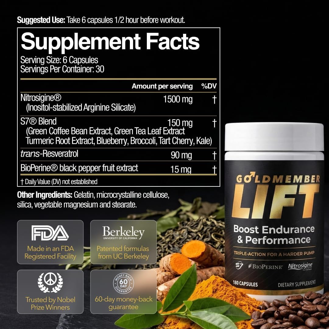 Goldmember Lift – Natural Male Blood Flow Supplement - Sexual Enhancement, Size, Stamina & Performance with Nitrosigine, Trans-Resveratrol, S7 Plant Blend, Bioperine – Made in the USA, 180 Capsules
