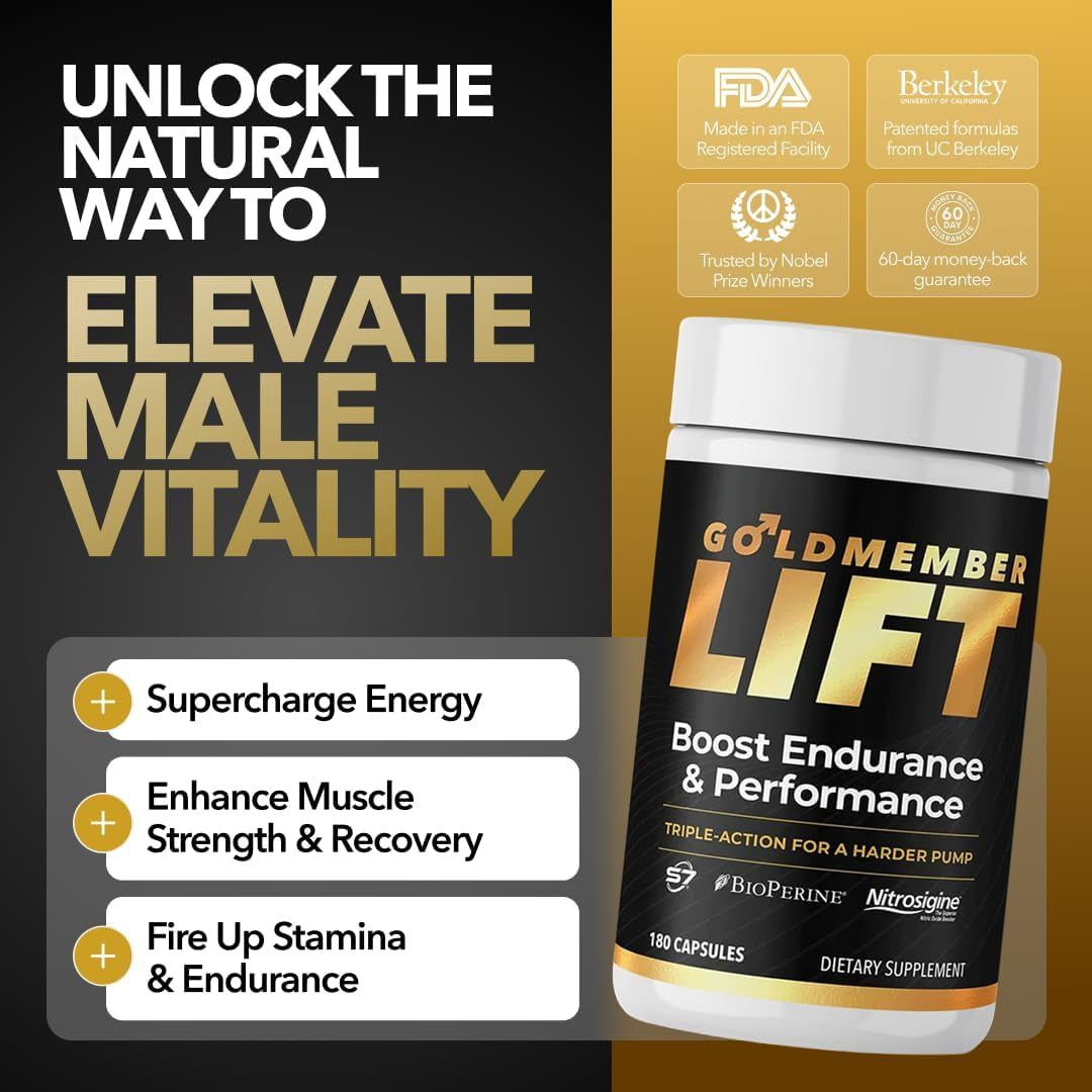 Goldmember Lift – Natural Male Blood Flow Supplement - Sexual Enhancement, Size, Stamina & Performance with Nitrosigine, Trans-Resveratrol, S7 Plant Blend, Bioperine – Made in the USA, 180 Capsules