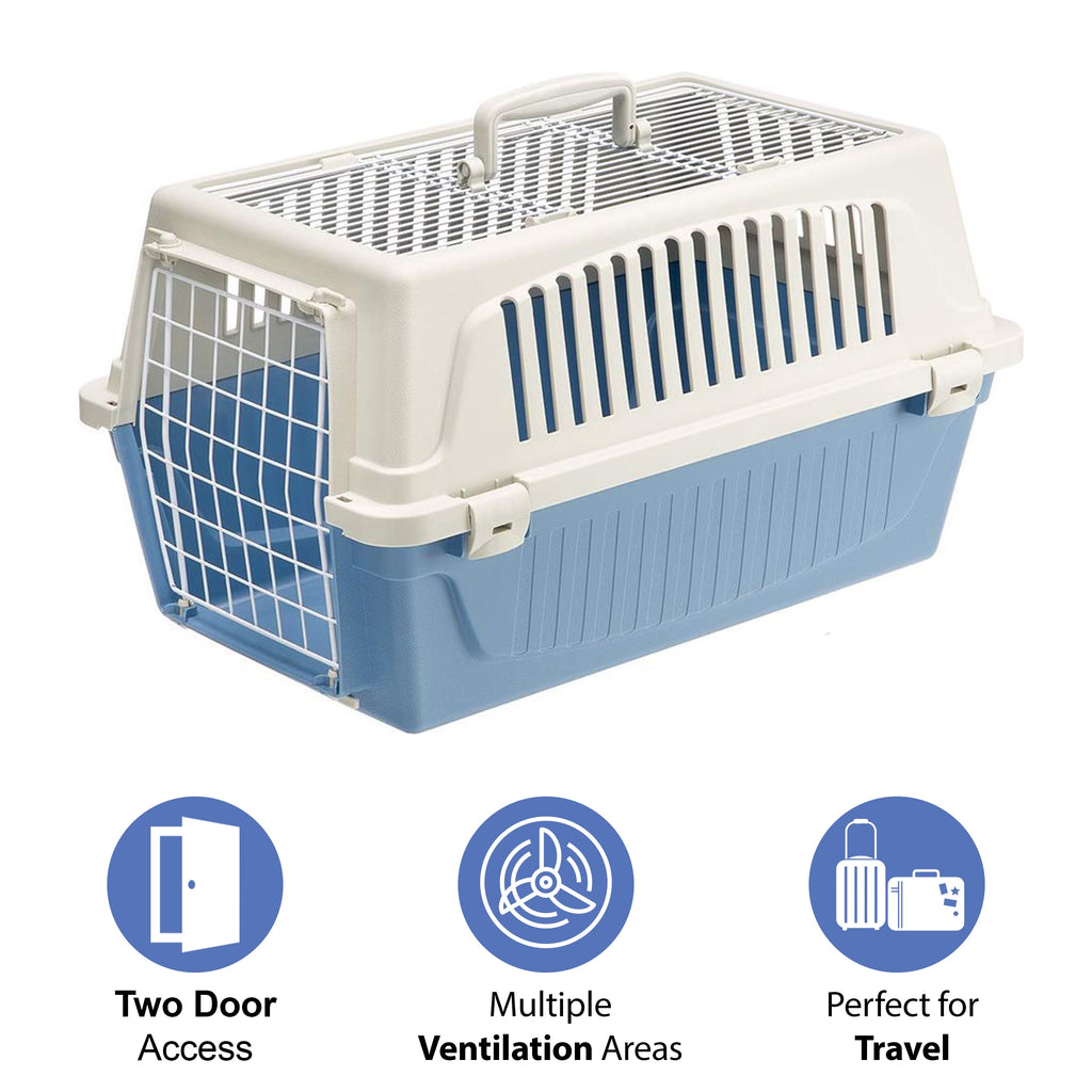 Ferplast ATLAS Two Door Top Load Plastic Kennel Carrier, for Small Cat or Dog, Blue 22 Inch