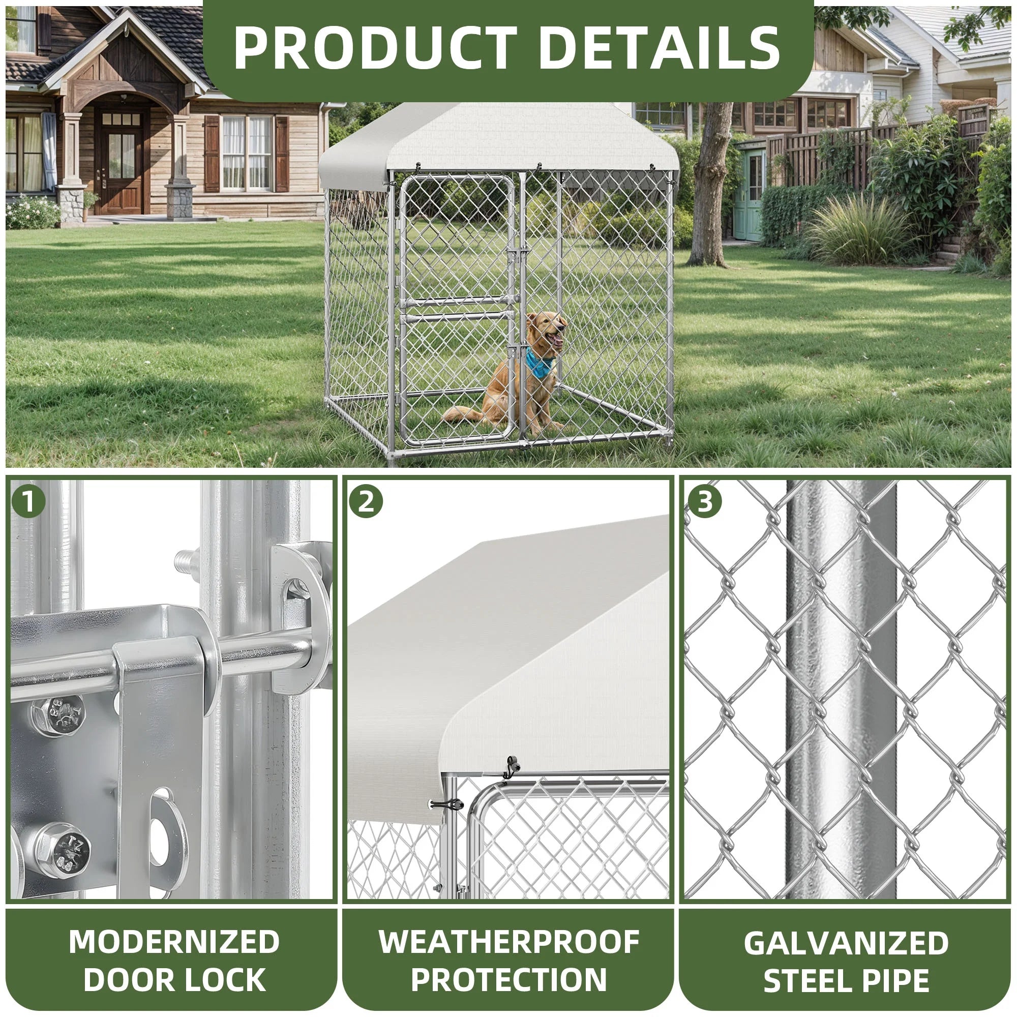 4×5.4FT Outdoor Dog Kennel, Square Dog Crates Fence with Dual-Section Doors, Weather-Resistant Roof Cover, Mesh Design for Dogs of Various Sizes, Silver