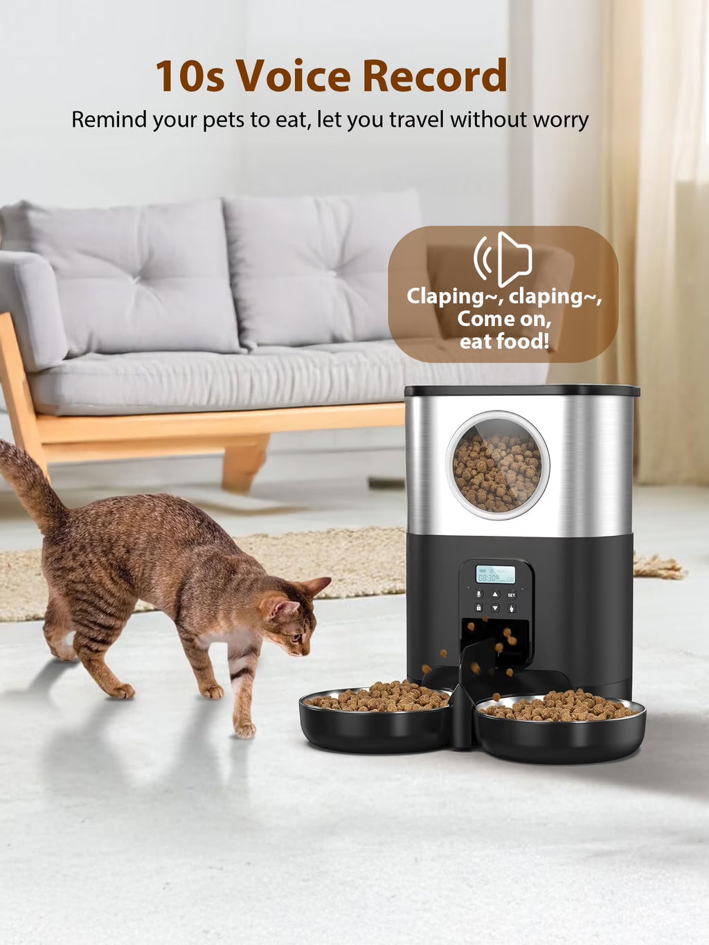 5L/20 Cups Large Capacity Automatic Cat Feeder for 2 Cats, with Timer and Voice Function, Cats Dry Food Dispenser with 2 Stainless Steel Bowl for Pets - Black