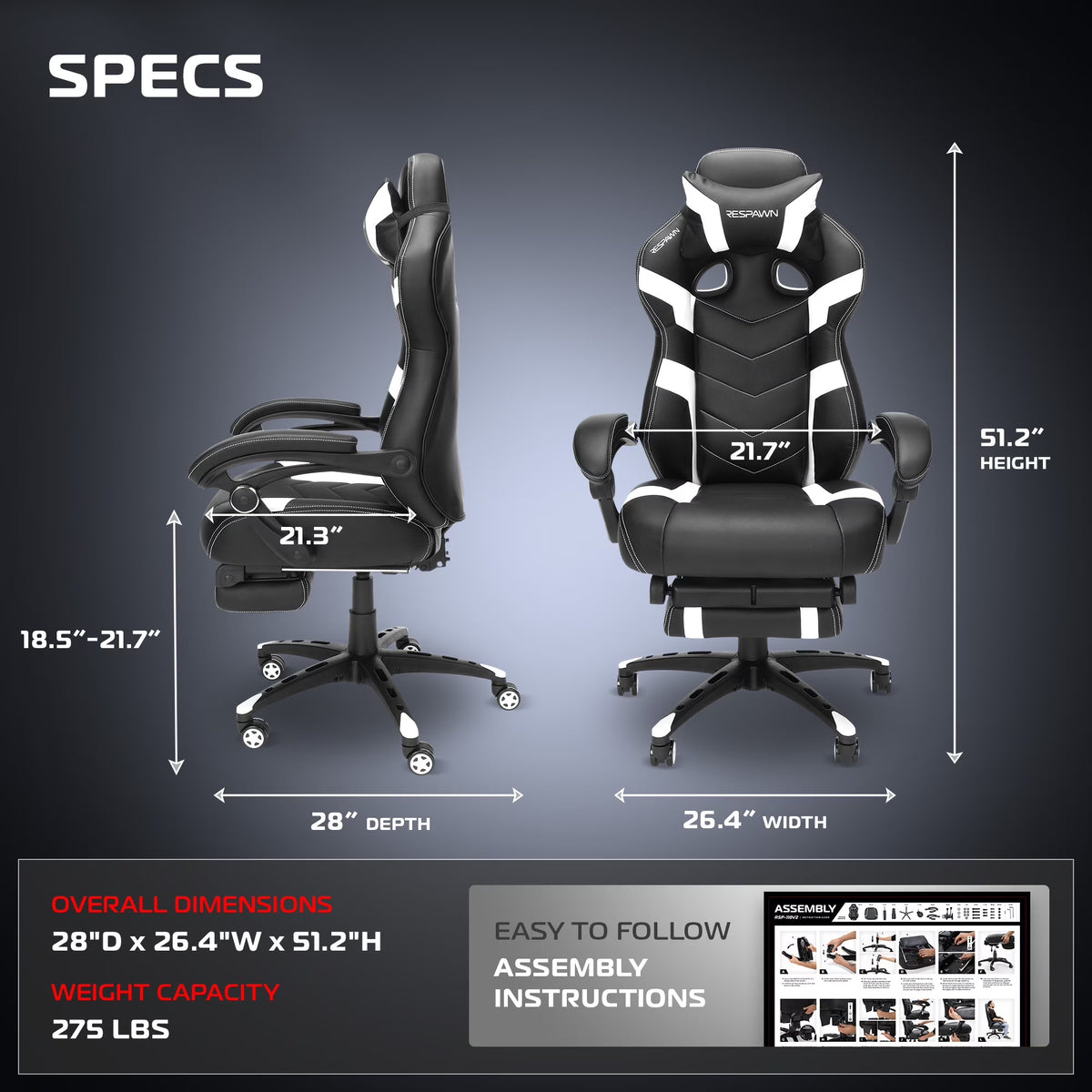 110 Pro Ergonomic Gaming Chair with Footrest for Adults - Comfortable Office Gaming Recliner with Lumbar Support and Headrest, Racing Style Video Game Chairs for Computer Gamer - White