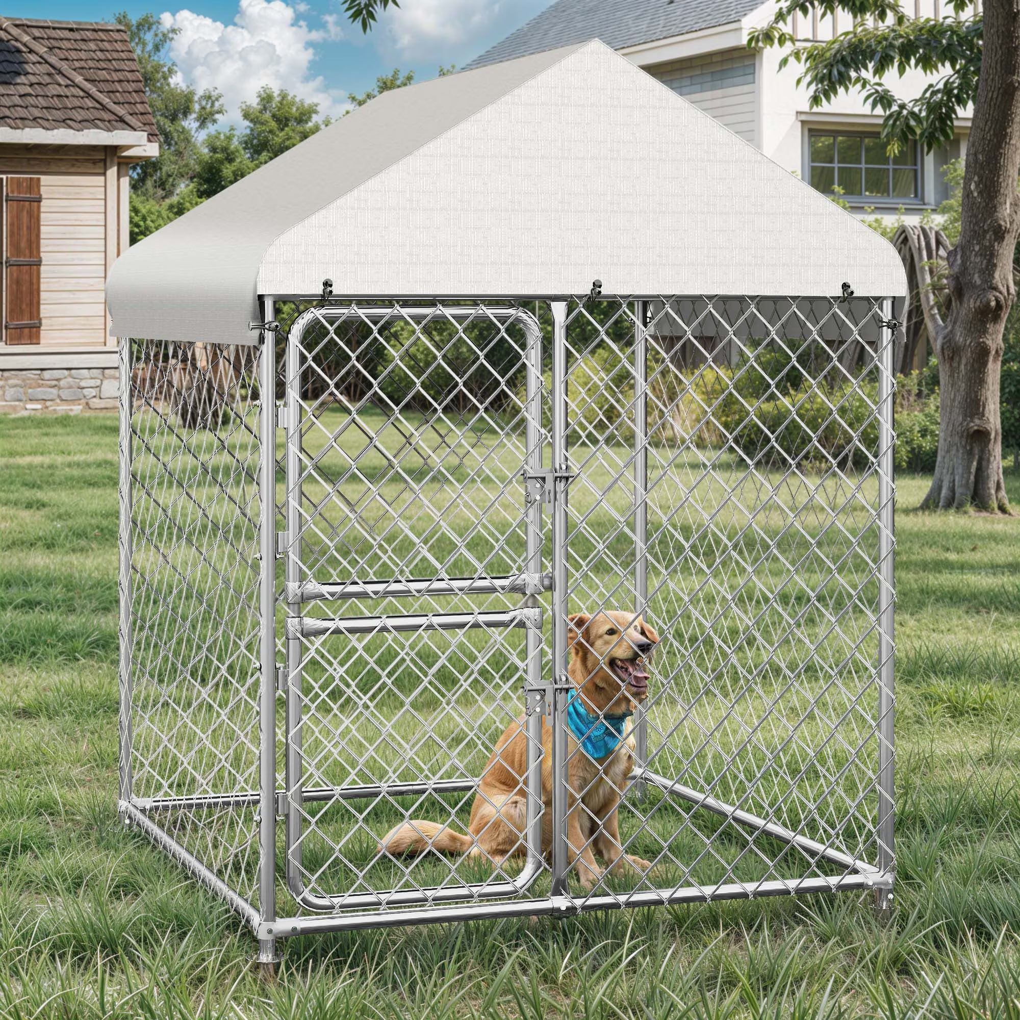 4×5.4FT Outdoor Dog Kennel, Square Dog Crates Fence with Dual-Section Doors, Weather-Resistant Roof Cover, Mesh Design for Dogs of Various Sizes, Silver