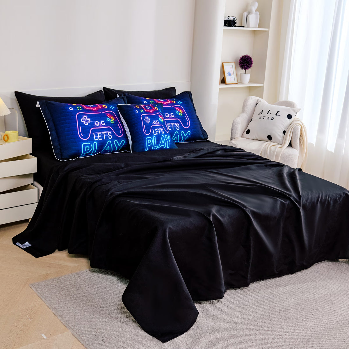 8 Pieces Neon Gamer Comforter Set Full Size for Boys, Kids Bedroom Decor Soft Gaming Bedding, Video Game Controller Design Bed Set, Black Purple
