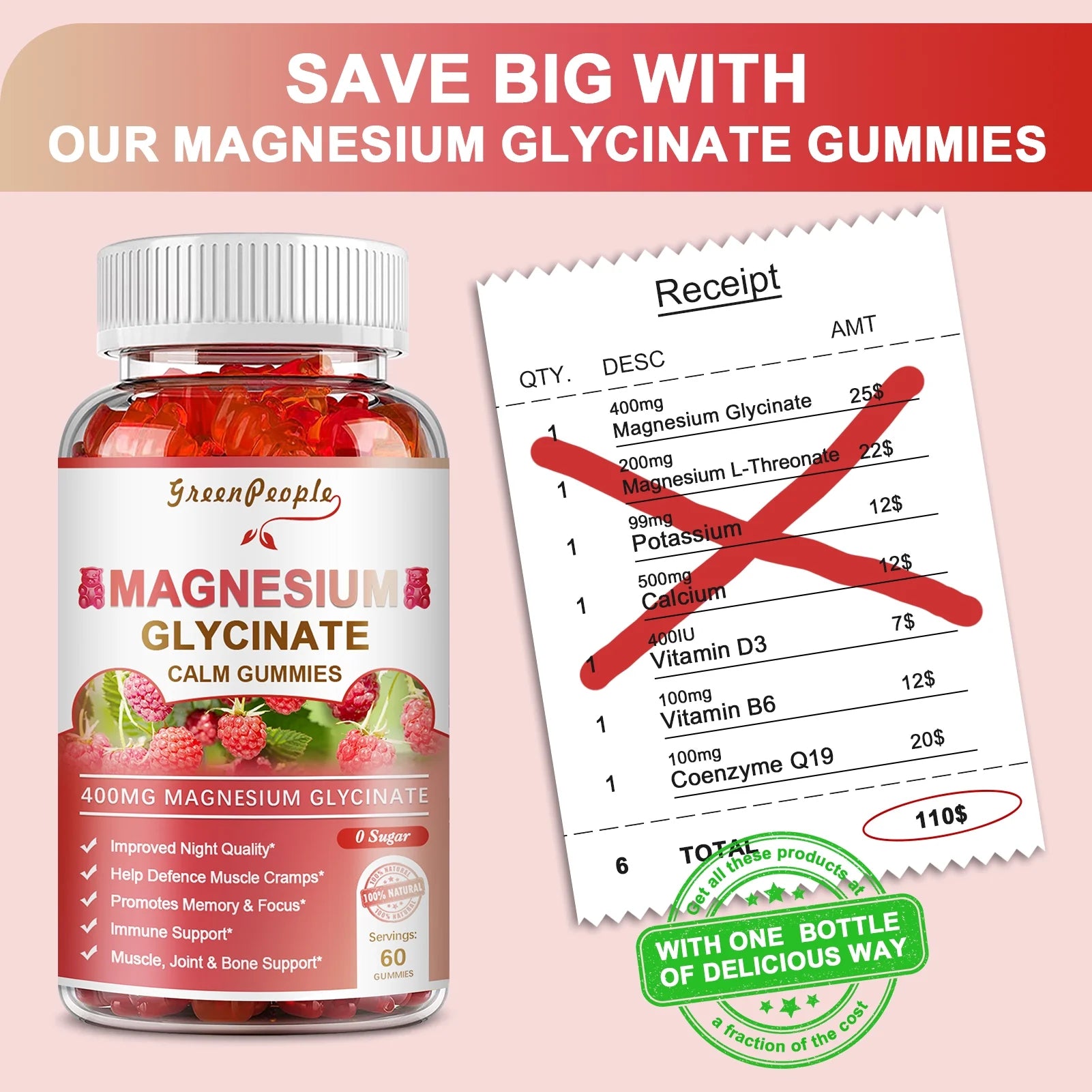 Magnesium Glycinate Gummies 600Mg - Sugar Free Magnesium Potassium Supplement - for Calm Support & Sleep for Adults- 60 Raspberry Gummies(2 Pack)