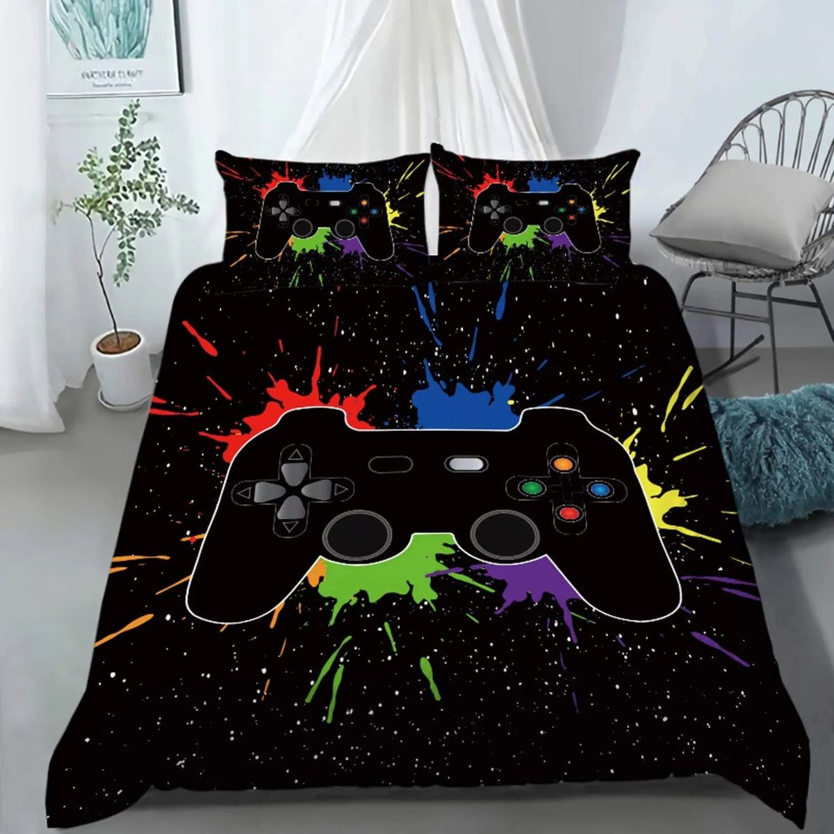 Bedding Set 3 Pieces Black Gamepad Duvet Sets, Queen