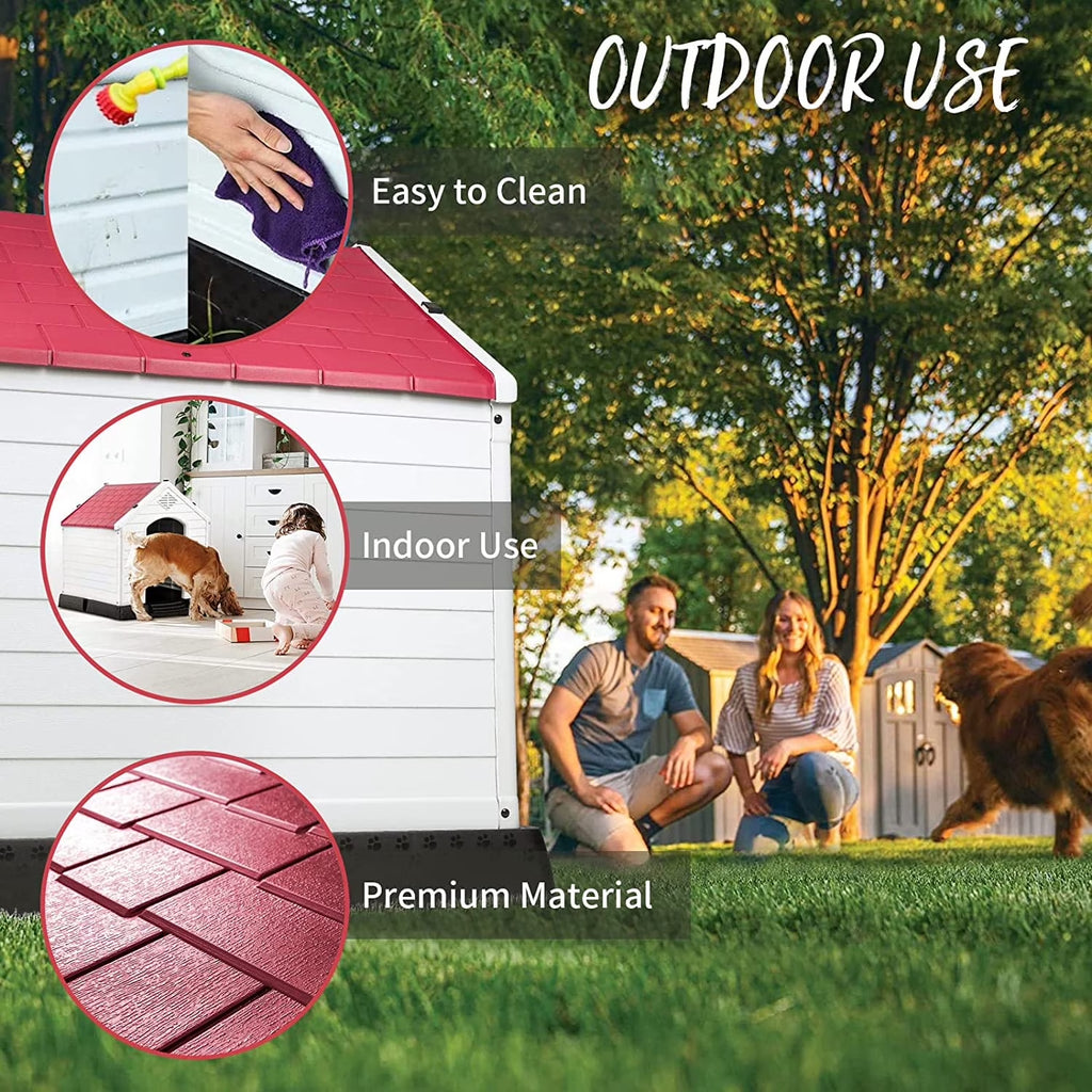 Durable Waterproof Plastic Dog House for Small to Large Sized Dogs, Indoor Outdoor Doghouse with Elevated Floor