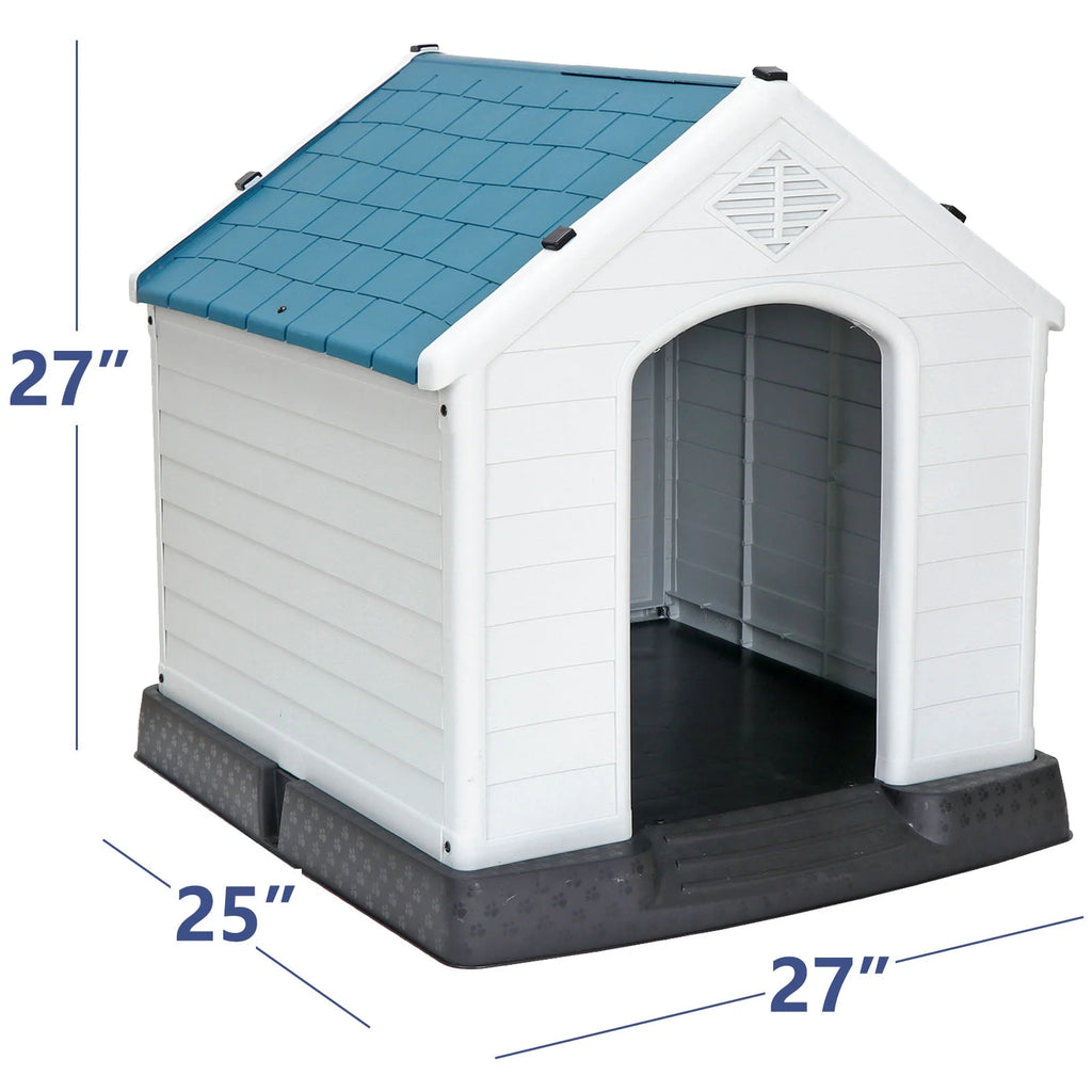 Plastic Indoor Outdoor Dog House Medium Pet Doghouse White, Blue Roof