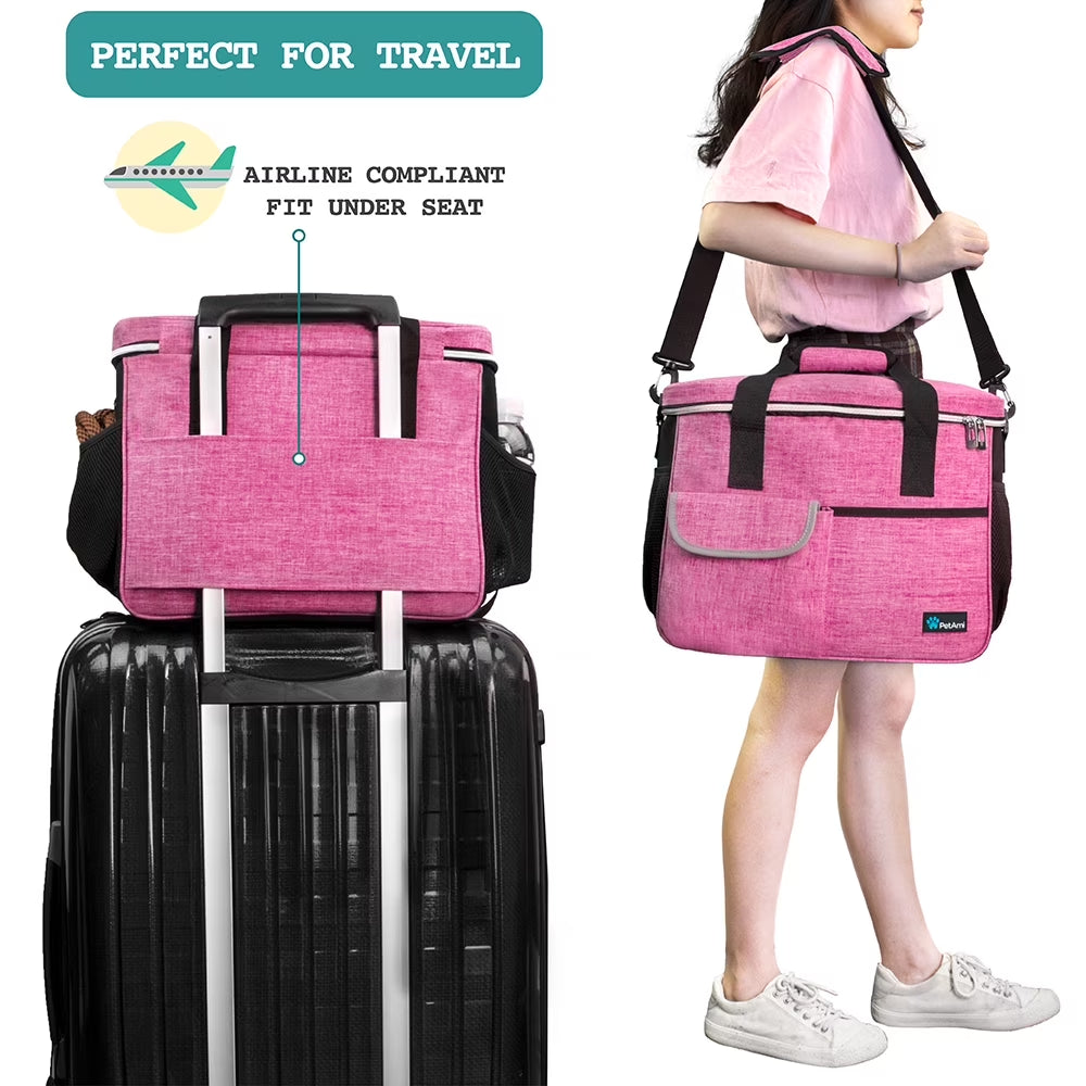 Dog Travel Bag, Travel Pet Bag Organizer, Dog Food Travel Bag with Food Container and Bowls, Dog Travel Supplies Gift Accessories for Weekend Camping, Dog Cat Diaper Bag (Pink, Medium)