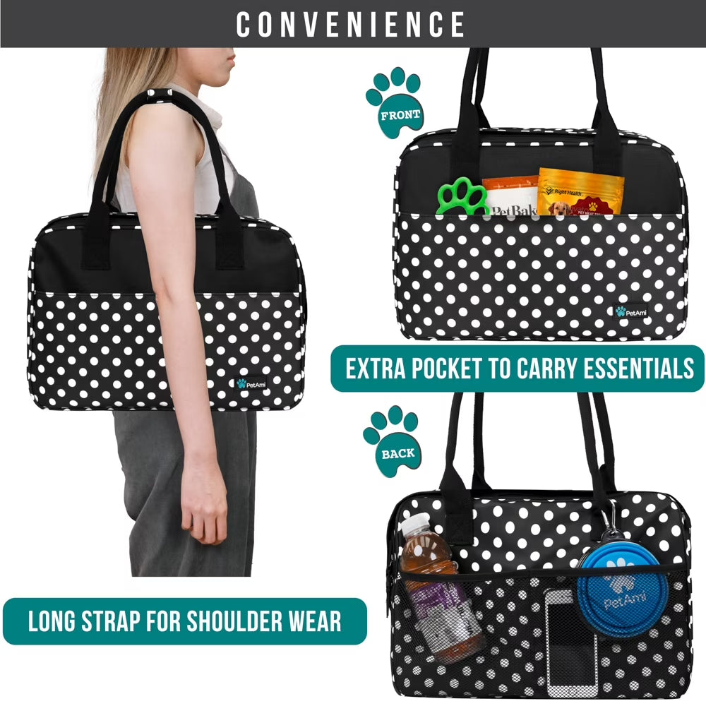 Dog Purse Carrier for Small Dogs, Airline Approved Soft Sided Pet Carrier Pockets, Ventilated Dog Carrying Bag Puppy Cat, Dog Travel Supplies Accessories Carry Tote, Sherpa Bed, Polka Dot Black