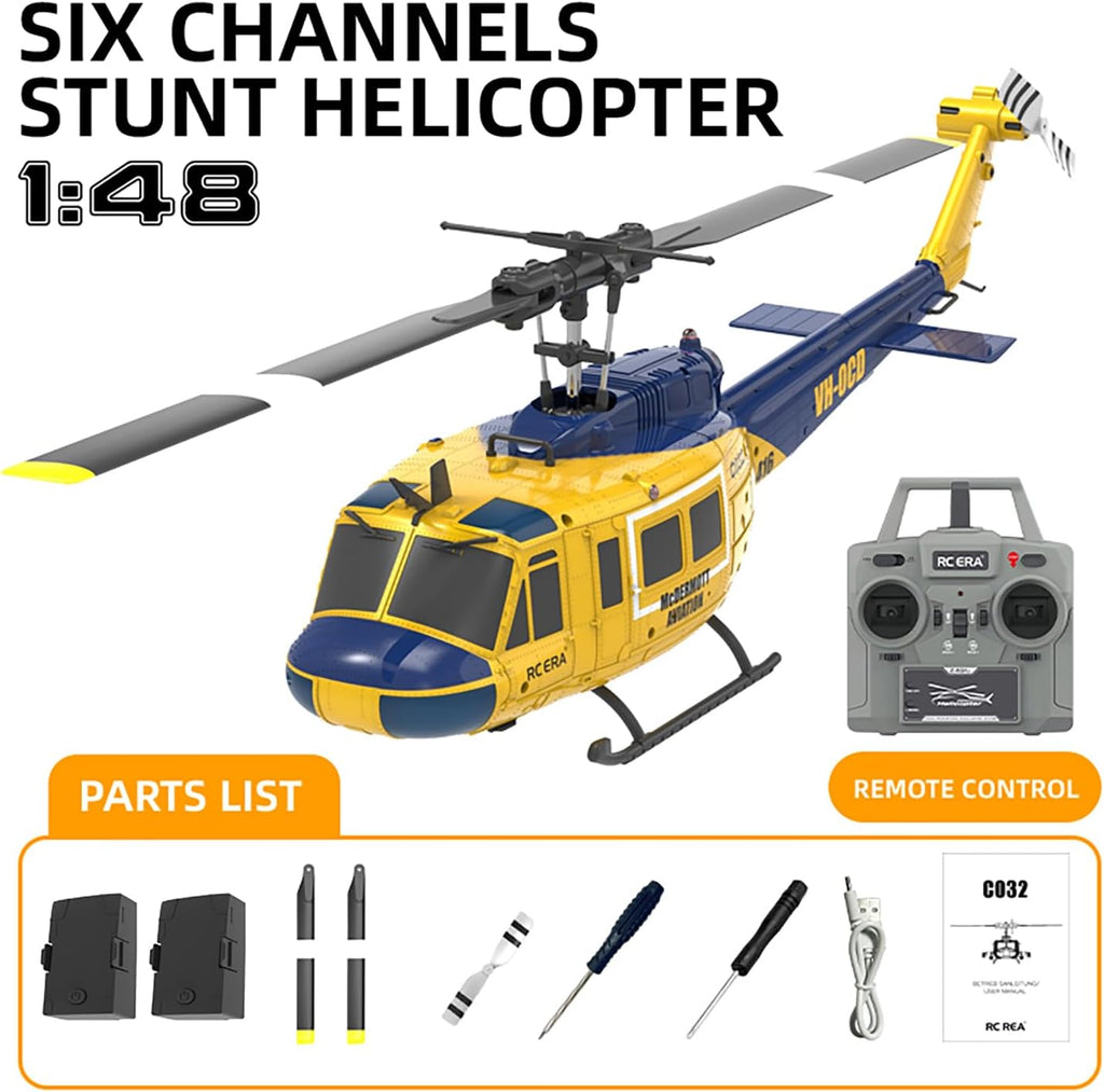 315MM UH-1 Remote Control Helicopter Aircraft for Adults Expert 6CH C032 RC Heli Maintain Altitude Brushless Motor/Optical Flow Positioning/Fly Upside down 3D Rolling (RTF Yellow 2Battery)