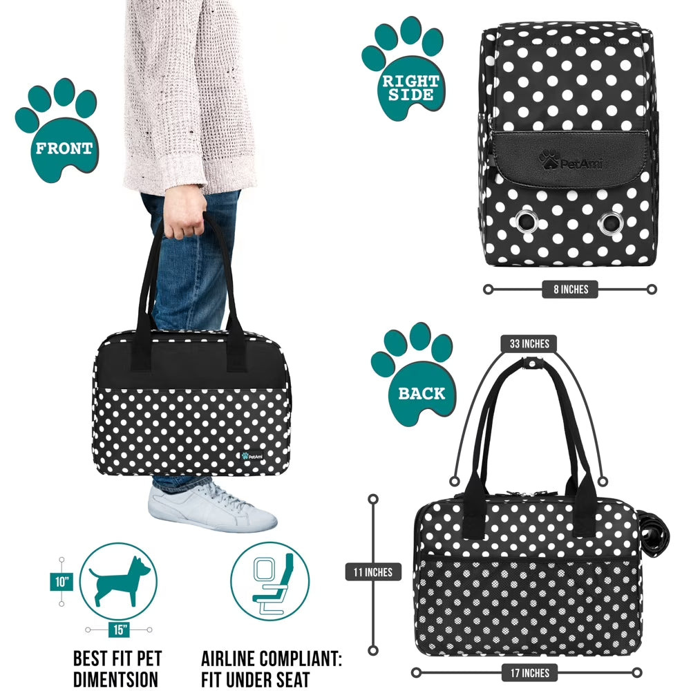 Dog Purse Carrier for Small Dogs, Airline Approved Soft Sided Pet Carrier Pockets, Ventilated Dog Carrying Bag Puppy Cat, Dog Travel Supplies Accessories Carry Tote, Sherpa Bed, Polka Dot Black
