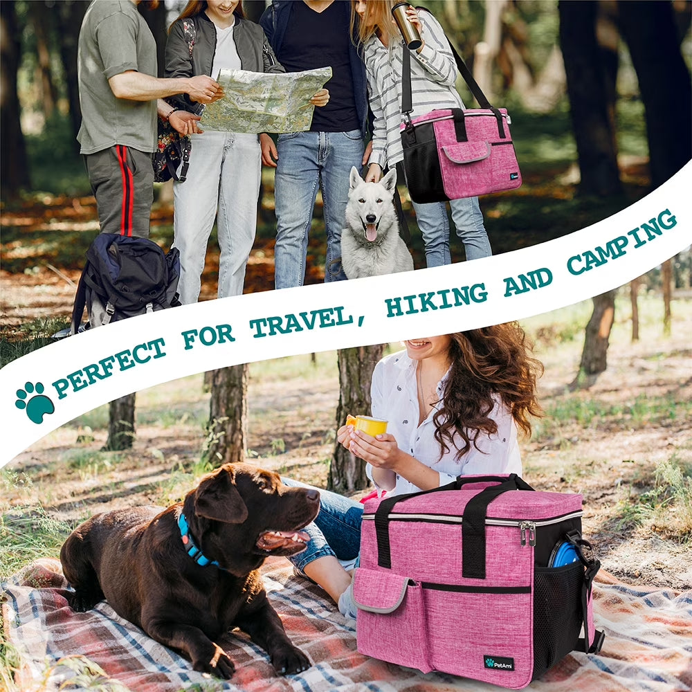 Dog Travel Bag, Travel Pet Bag Organizer, Dog Food Travel Bag with Food Container and Bowls, Dog Travel Supplies Gift Accessories for Weekend Camping, Dog Cat Diaper Bag (Pink, Medium)