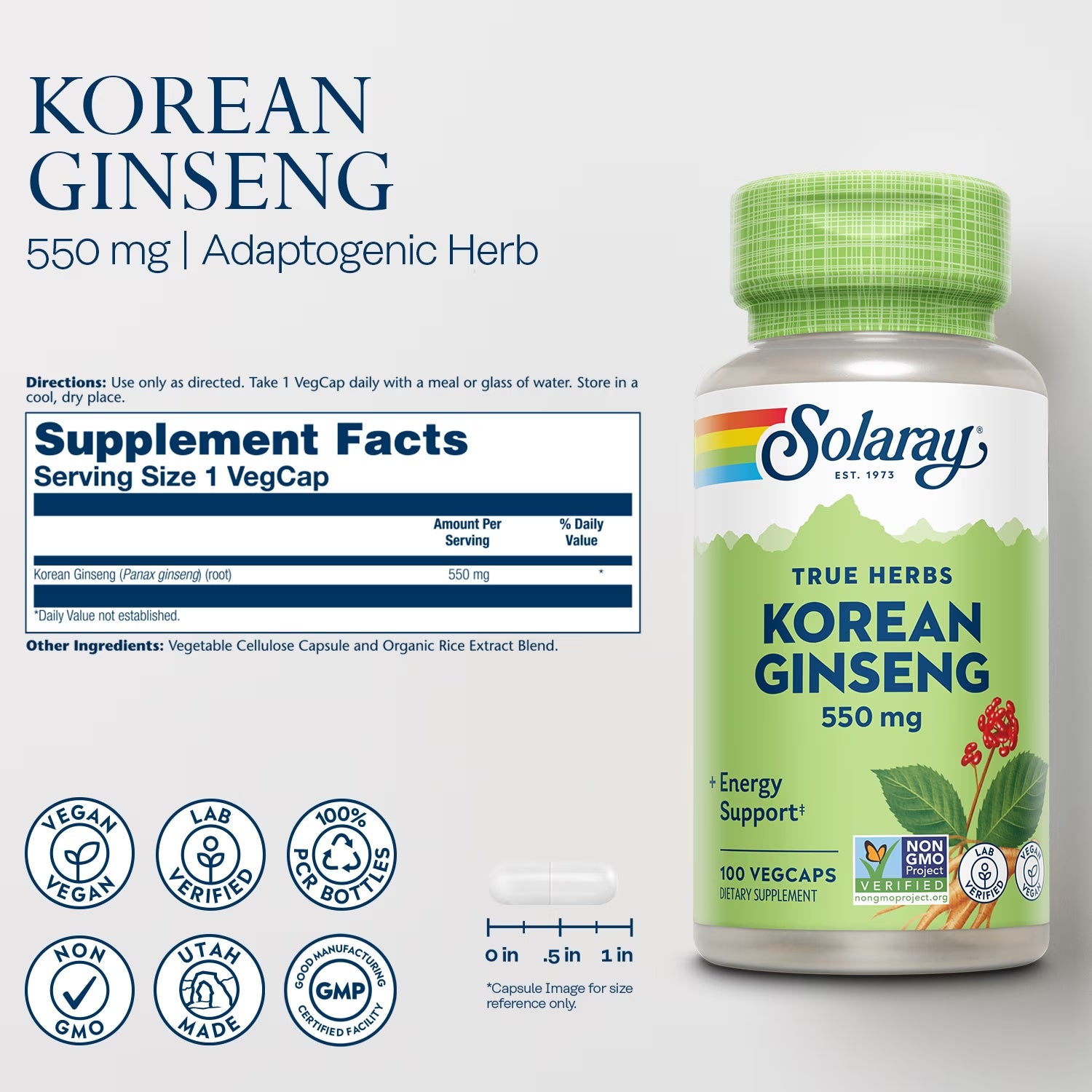 Korean Ginseng 550 Mg - Ginseng Root - Stress, Physical Endurance and Energy Supplements - Non-Gmo, Vegan, Lab Verified - 100 Servings, 100 Vegcaps