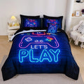 8 Pieces Neon Gamer Comforter Set Full Size for Boys, Kids Bedroom Decor Soft Gaming Bedding, Video Game Controller Design Bed Set, Black Purple