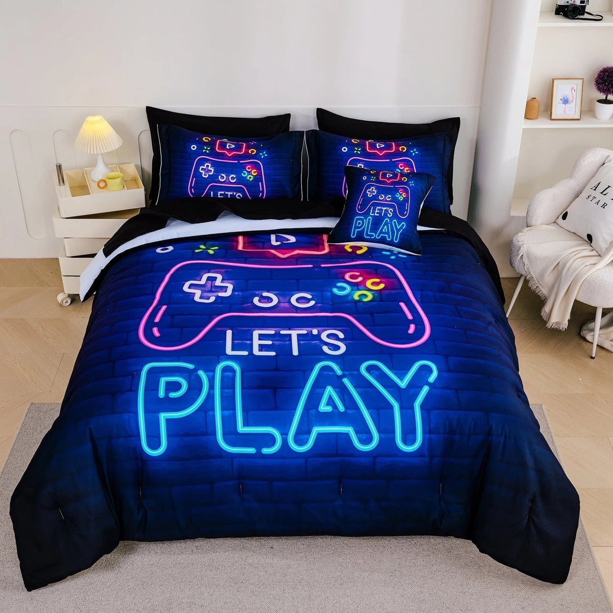 8 Pieces Neon Gamer Comforter Set Full Size for Boys, Kids Bedroom Decor Soft Gaming Bedding, Video Game Controller Design Bed Set, Black Purple