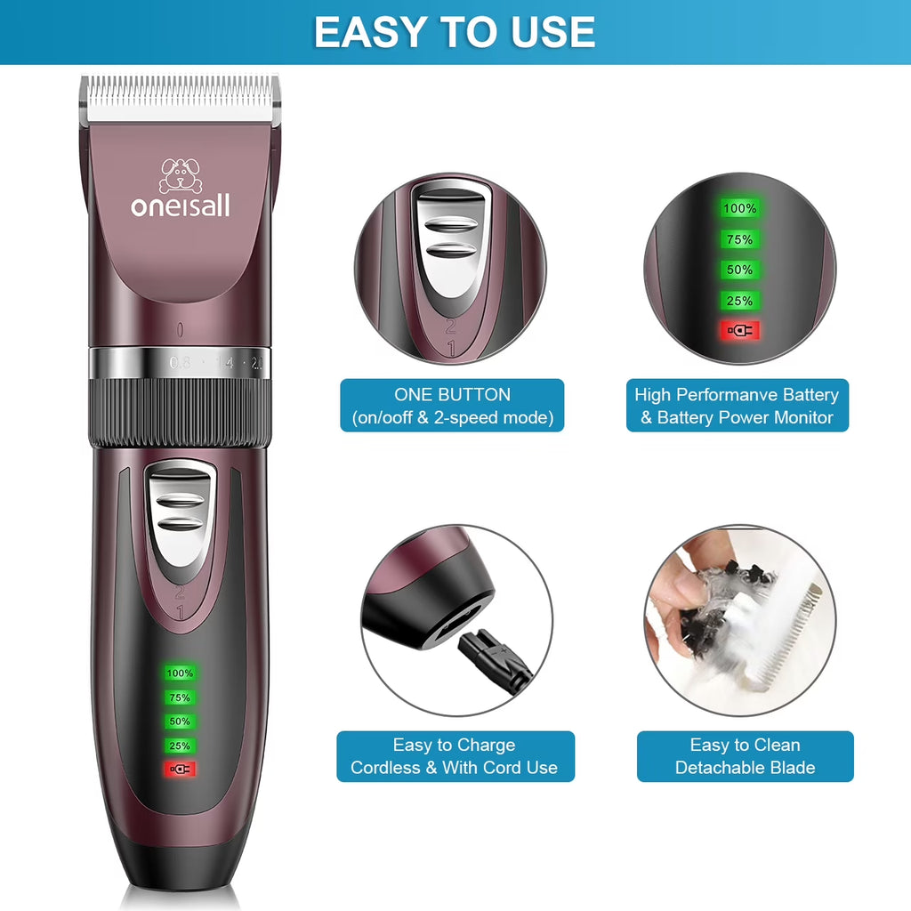 Dog Clippers 50Db Low Noise, 2-Speed Quiet Dog Grooming Kit Rechargeable Cordless Pet Hair Clipper Trimmer Shaver for Small and Large Dogs Cats Animals - Rose(Dark)