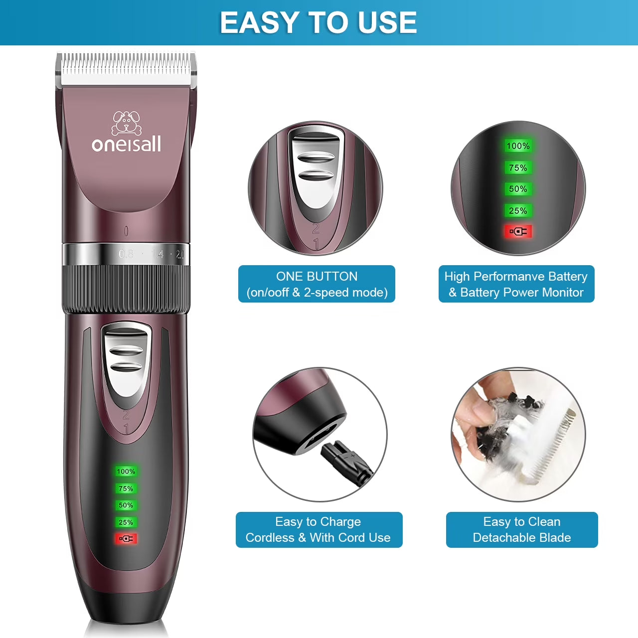 Dog Clippers 50Db Low Noise, 2-Speed Quiet Dog Grooming Kit Rechargeable Cordless Pet Hair Clipper Trimmer Shaver for Small and Large Dogs Cats Animals - Rose(Dark)