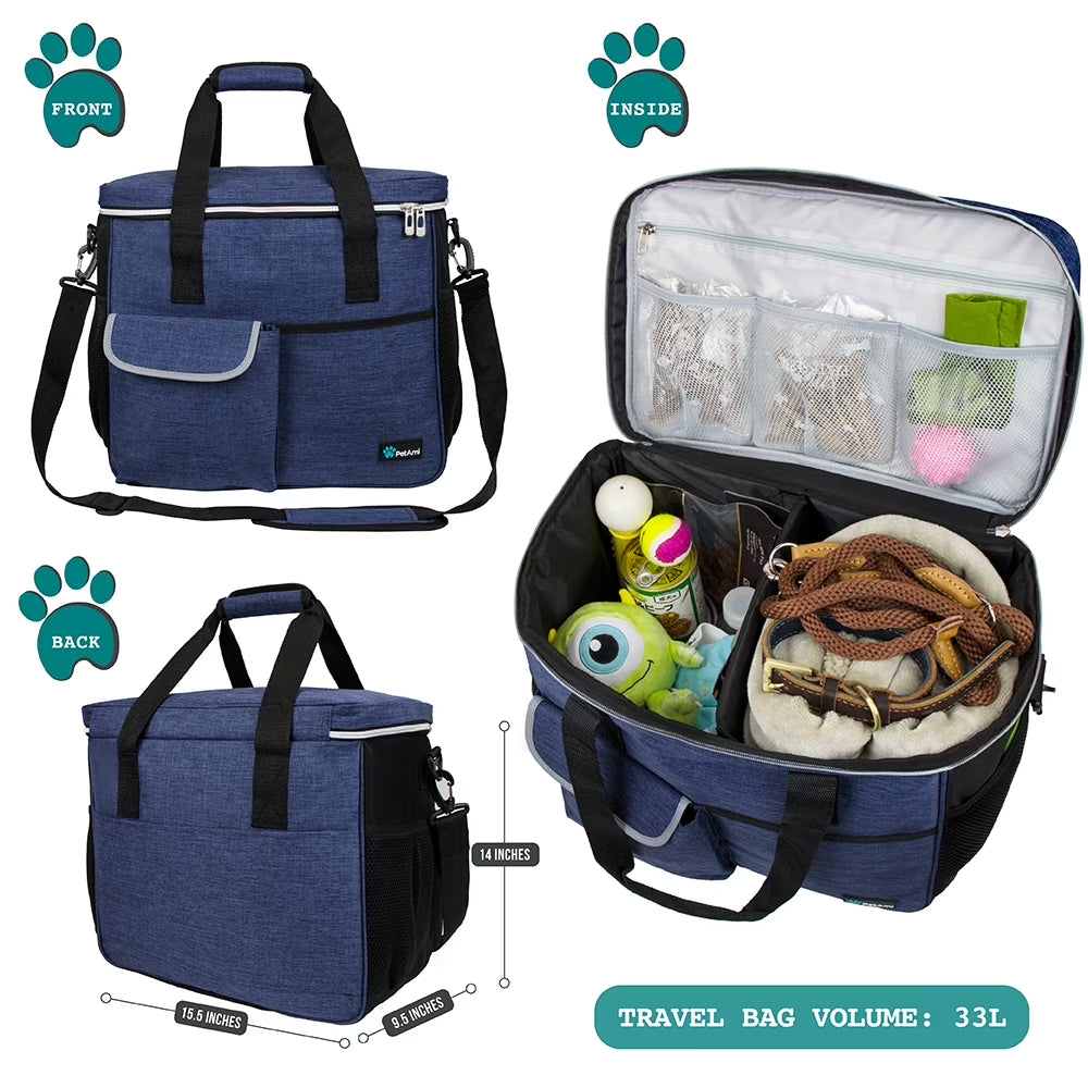 Dog Travel Bag, Travel Pet Bag Organizer, Dog Food Travel Bag with Food Container and Bowls, Dog Travel Supplies Gift Accessories for Weekend Camping, Dog Cat Diaper Bag (Navy, Large)