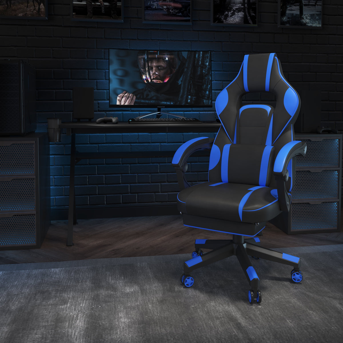 Black/Blue Ergonomic Gaming Chair -Recline Back/Arms, Footrest, Massaging Lumbar