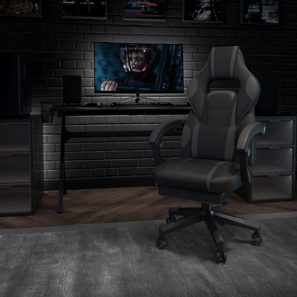 Black/Gray Ergonomic Gaming Chair -Recline Back/Arms, Footrest, Massaging Lumbar