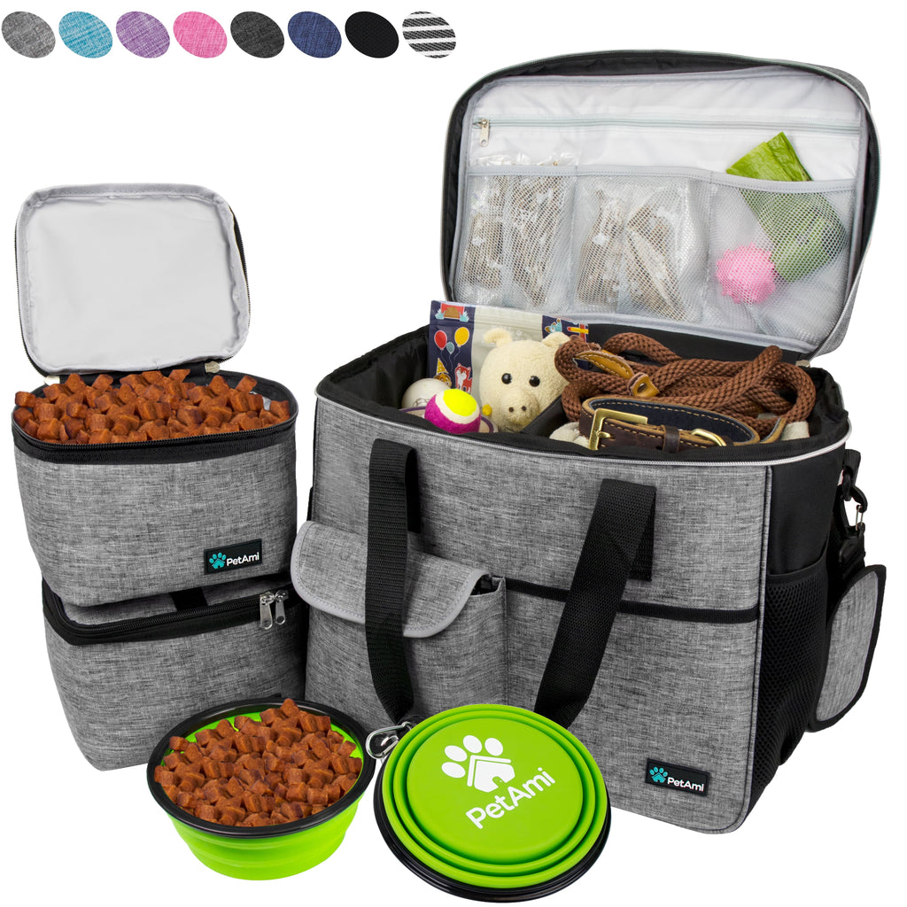 Dog Travel Bag, Travel Pet Bag Organizer, Dog Food Travel Bag with Food Container and Bowls, Dog Travel Supplies Gift Accessories for Weekend Camping, Dog Cat Diaper Bag (Grey, Large)