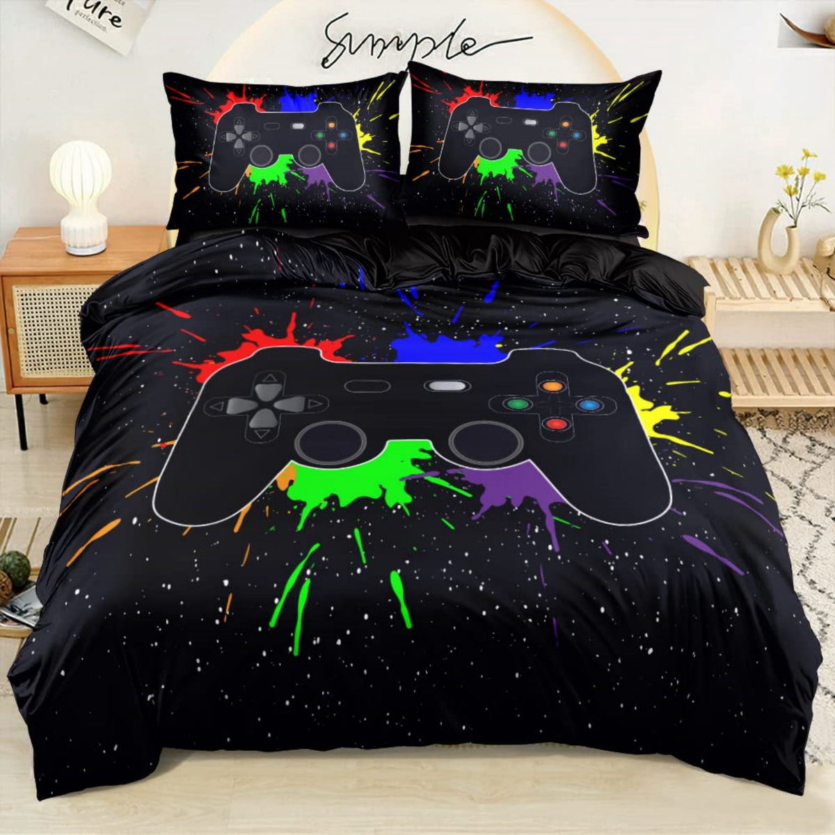 Bedding Set 3 Pieces Black Gamepad Duvet Sets, Queen