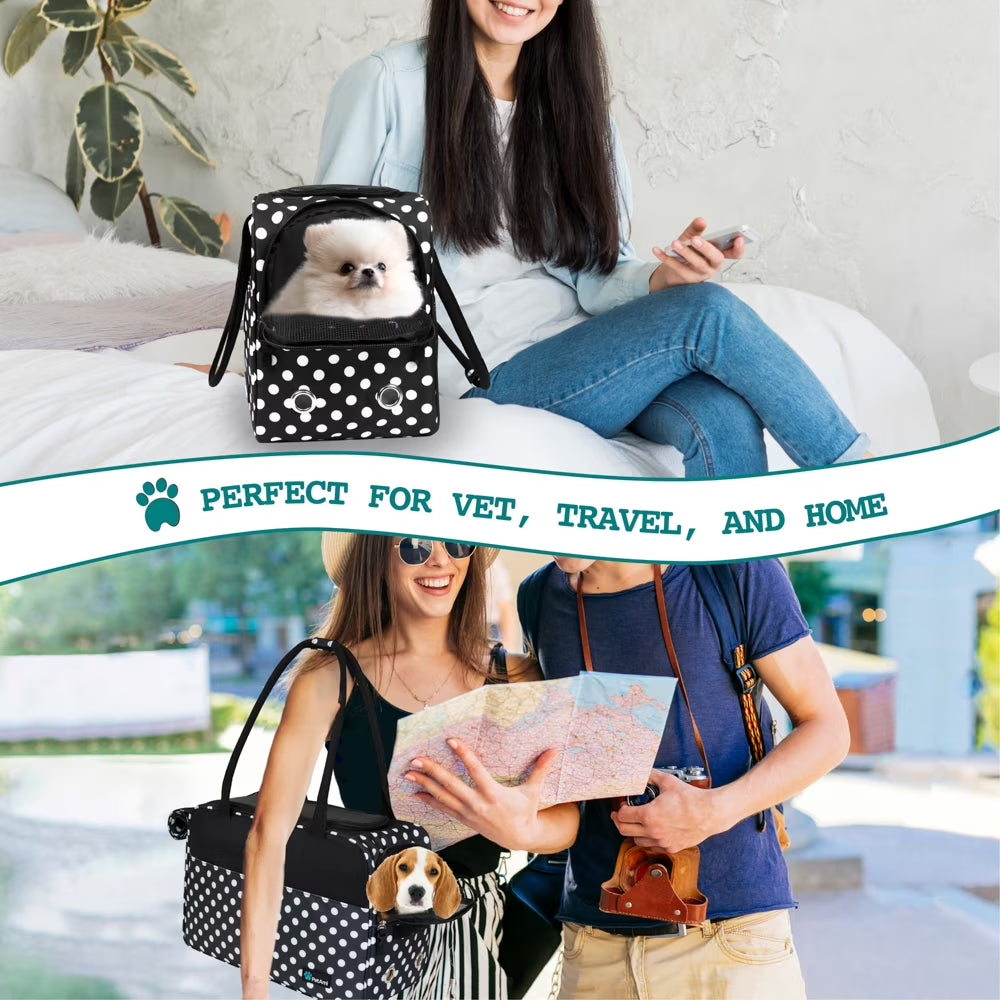 Dog Purse Carrier for Small Dogs, Airline Approved Soft Sided Pet Carrier Pockets, Ventilated Dog Carrying Bag Puppy Cat, Dog Travel Supplies Accessories Carry Tote, Sherpa Bed, Polka Dot Black