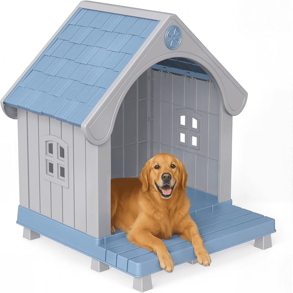 Easyup Dog House Resin Dog Kennel with Cute Elegant Design & Extended Elevated Floor, Dog Houses for Large Dogs outside Weatherproof for Indoor & Outdoor Use