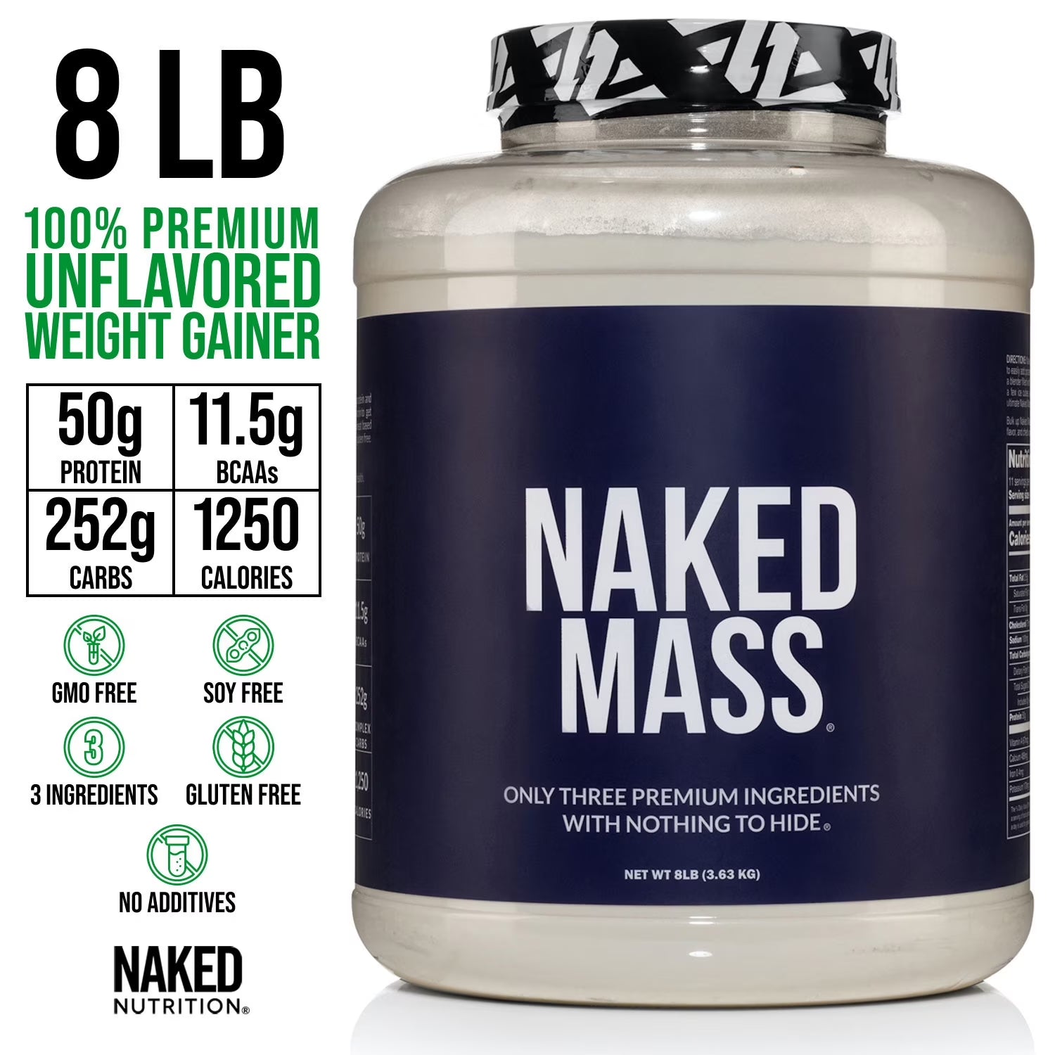 Naked Mass - Natural Weight Gainer Protein Powder - 8 LB Bulk, GMO Free, Gluten Free & Soy Free. No Artificial Ingredients - 1,250 Calories per Serving