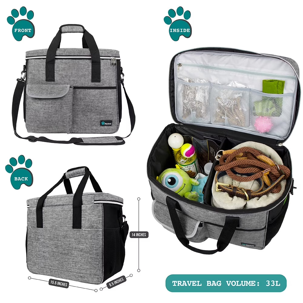 Dog Travel Bag, Travel Pet Bag Organizer, Dog Food Travel Bag with Food Container and Bowls, Dog Travel Supplies Gift Accessories for Weekend Camping, Dog Cat Diaper Bag (Grey, Large)