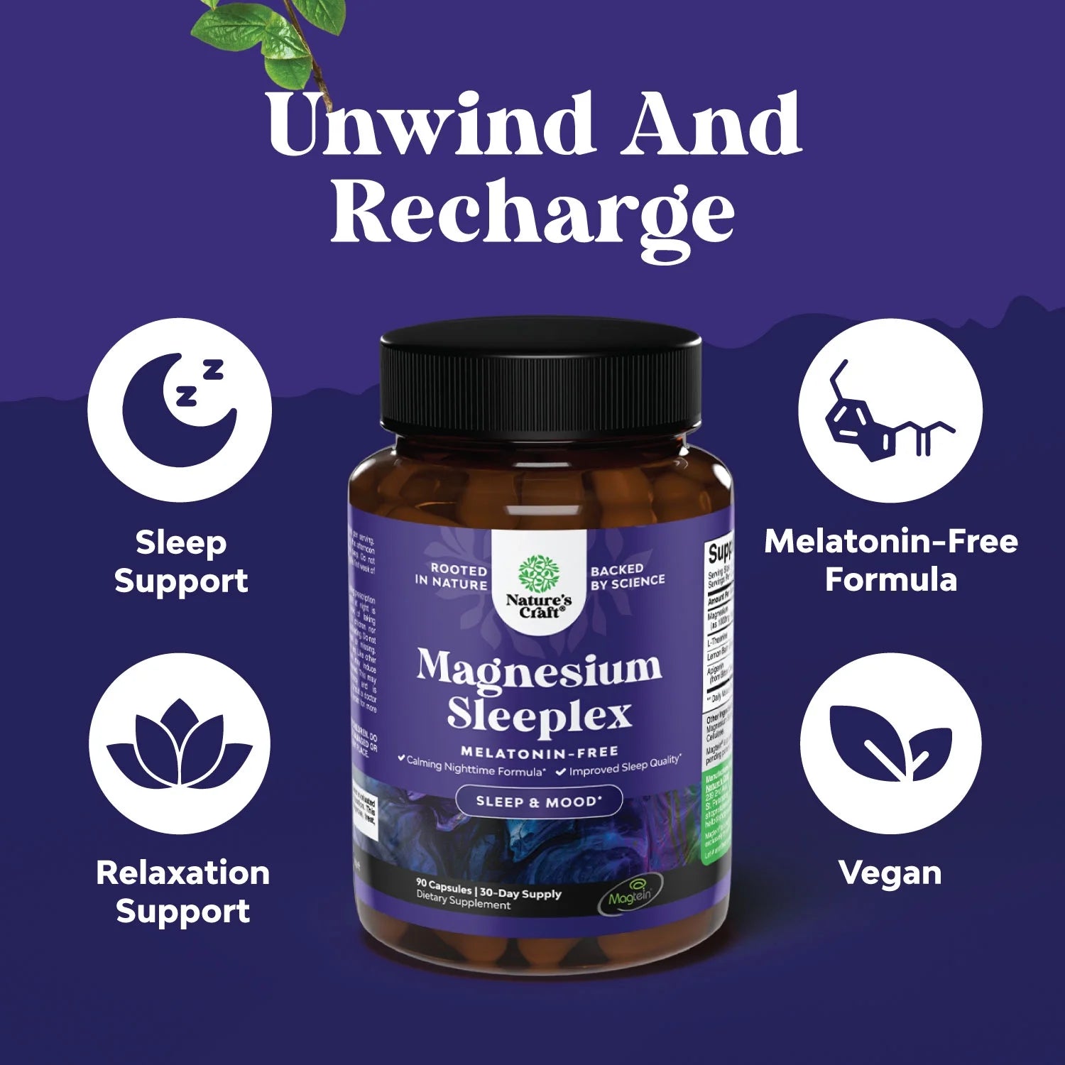 Magnesium Sleeplex Sleep Supplement, Melatonin Free Sleep Aid, 90 Capsules