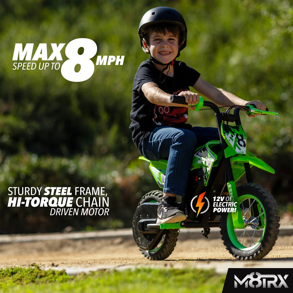 Green 12V Mini Electric Child Dirt Bike, Battery Powered Toy Motorcycle, Kids Ride On, Ages 5 Years and Up