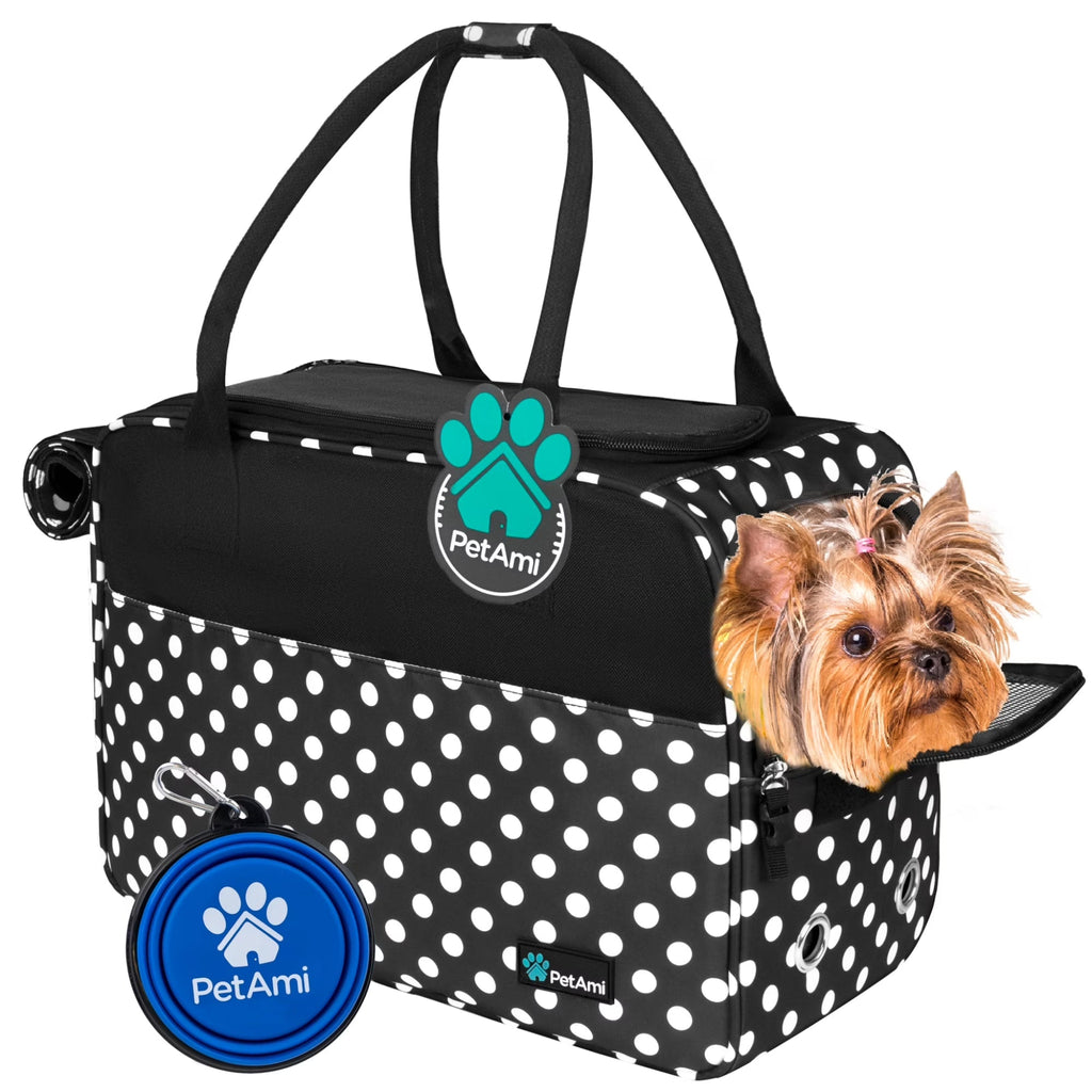 Dog Purse Carrier for Small Dogs, Airline Approved Soft Sided Pet Carrier Pockets, Ventilated Dog Carrying Bag Puppy Cat, Dog Travel Supplies Accessories Carry Tote, Sherpa Bed, Polka Dot Black