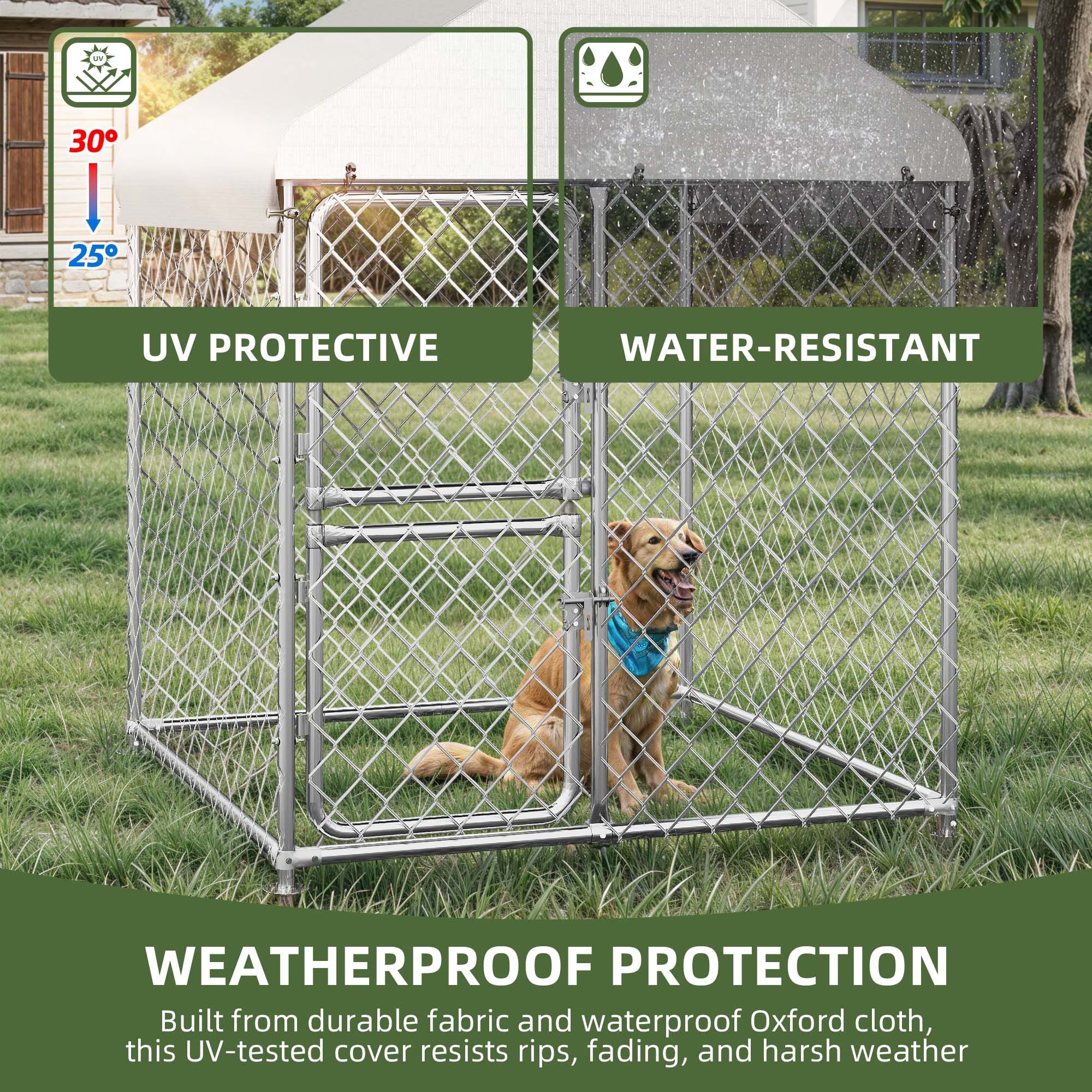 4×5.4FT Outdoor Dog Kennel, Square Dog Crates Fence with Dual-Section Doors, Weather-Resistant Roof Cover, Mesh Design for Dogs of Various Sizes, Silver