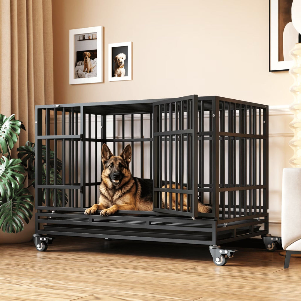 48 Inch Heavy Duty Indestructible Dog Crate W/ Double Doors Indoor Extra Large Dog Crate W/ Self-Locking Latch & Removable Tray