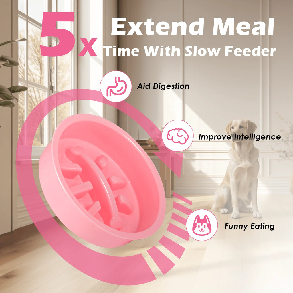 Pink Raised Dog Bowl Stand with Two 1700Ml Stainless Steel Food Bowl, a Slow Dog Bowls and Mat, , Height Adjustable from 4.5In to 12In