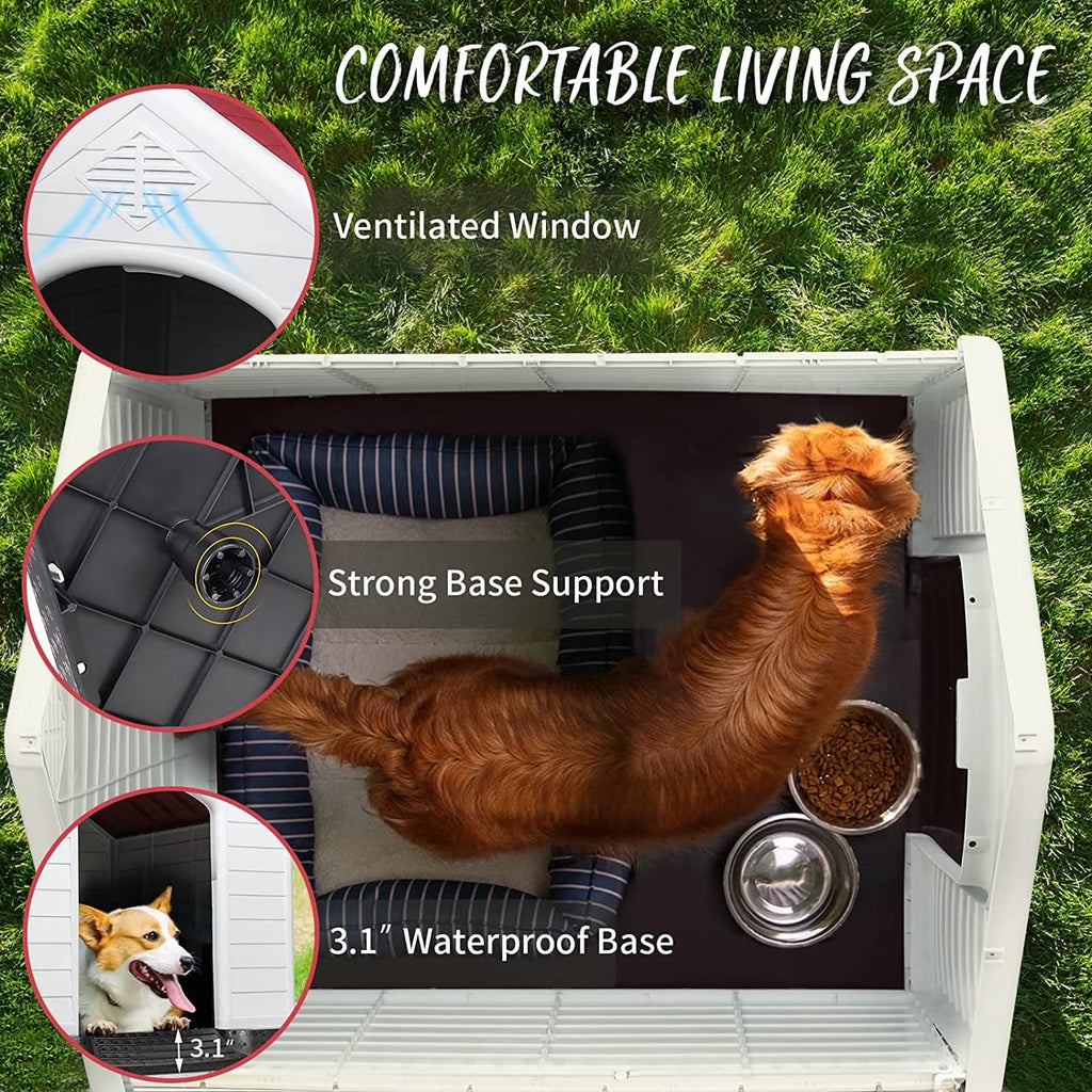 Durable Waterproof Plastic Dog House for Small to Large Sized Dogs, Indoor Outdoor Doghouse with Elevated Floor
