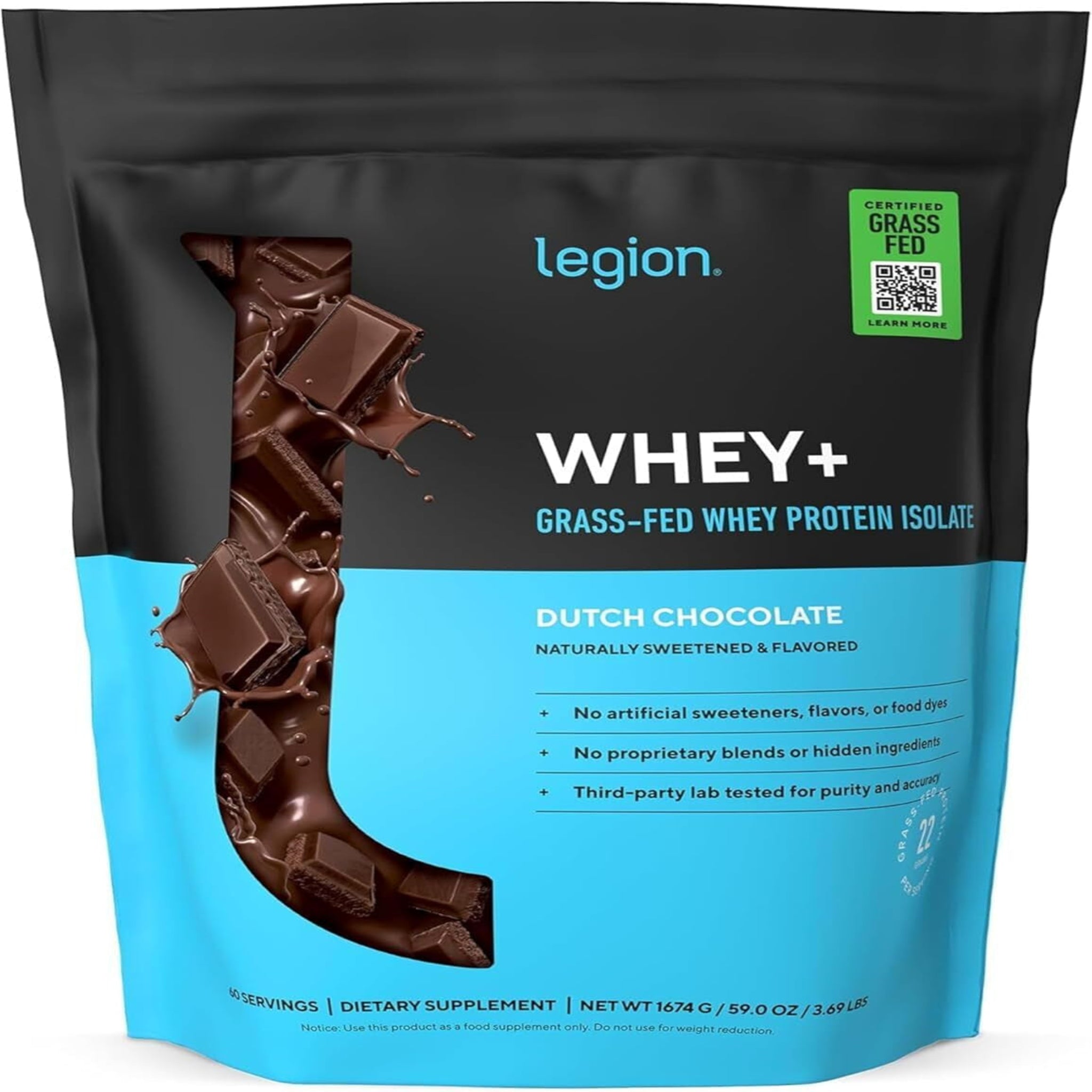 Whey+ Protein Whey Isolate from Grass Fed Cows (Chocolate, 60 Servings) - Whey Protein Isolate Powder, Low Calorie, Non-Gmo, Sugar Free, Lactose and Gluten Free, All Natural Protein Powder