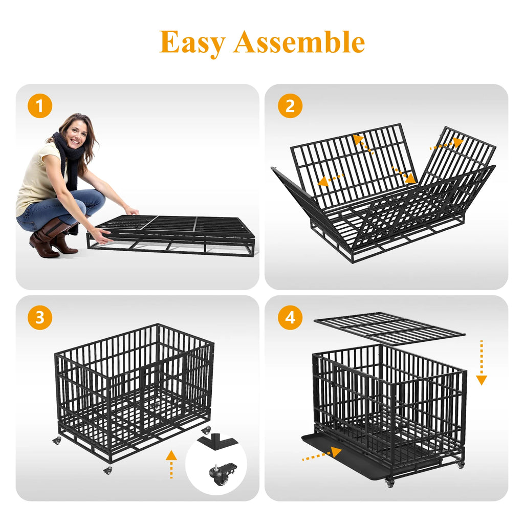 48 Inch Heavy Duty Indestructible Dog Crate W/ Double Doors Indoor Extra Large Dog Crate W/ Self-Locking Latch & Removable Tray